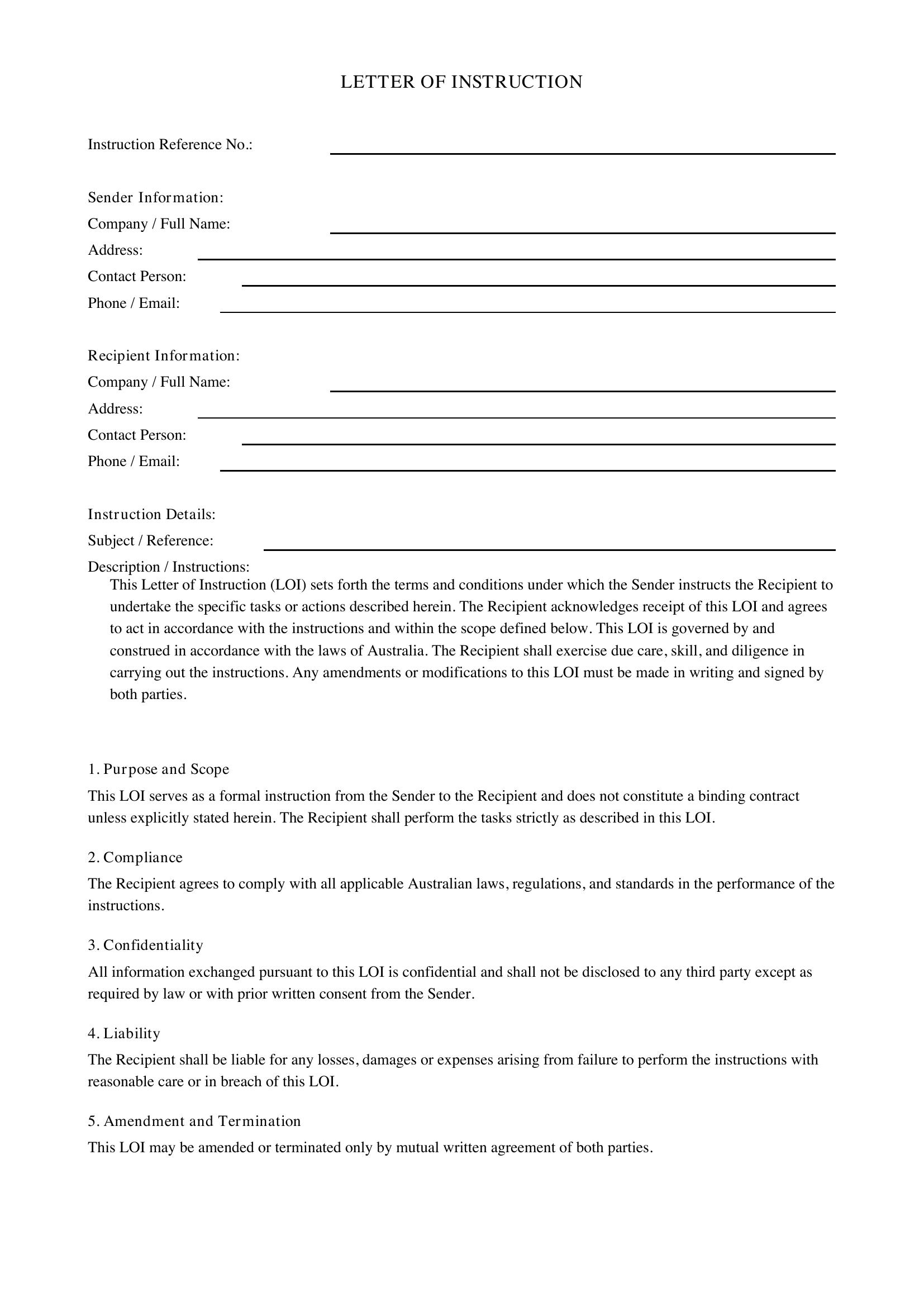 Letter Of Instruction Template - Australia