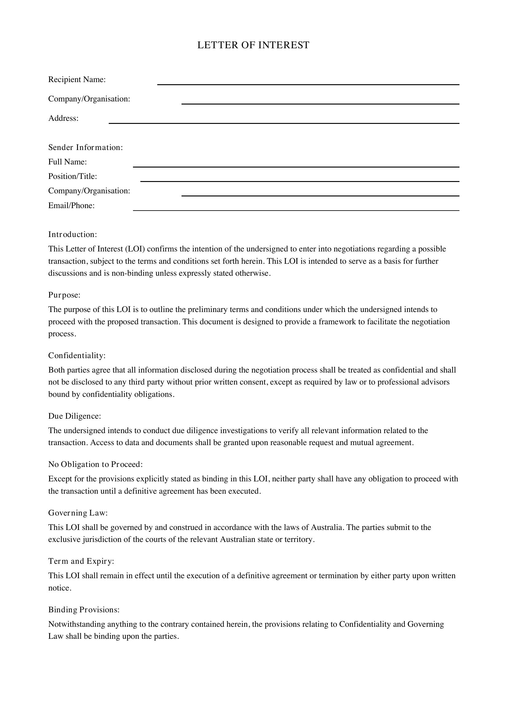 Letter Of Interest Template - Australia