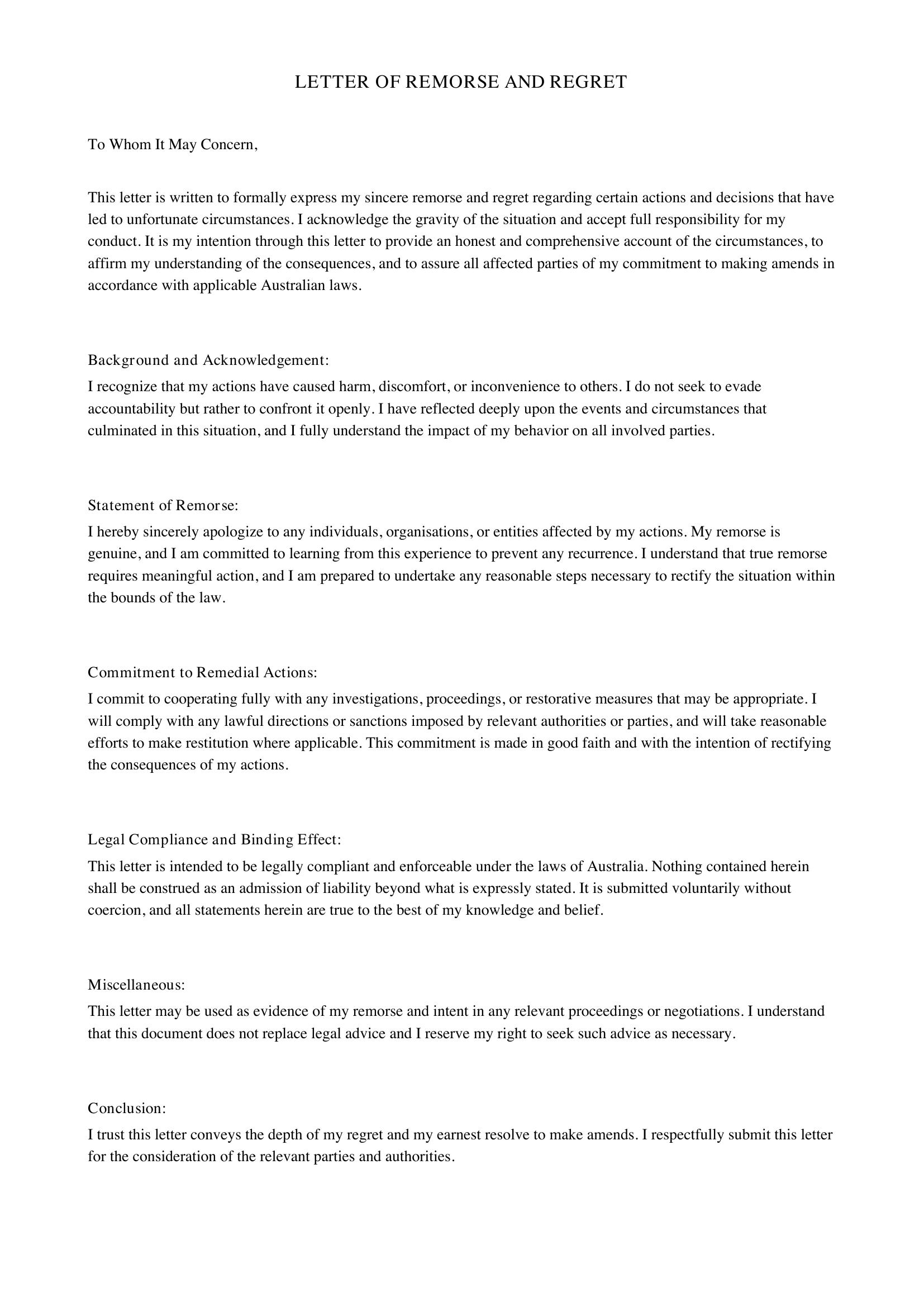 Letter Of Remorse And Regret Template - Australia