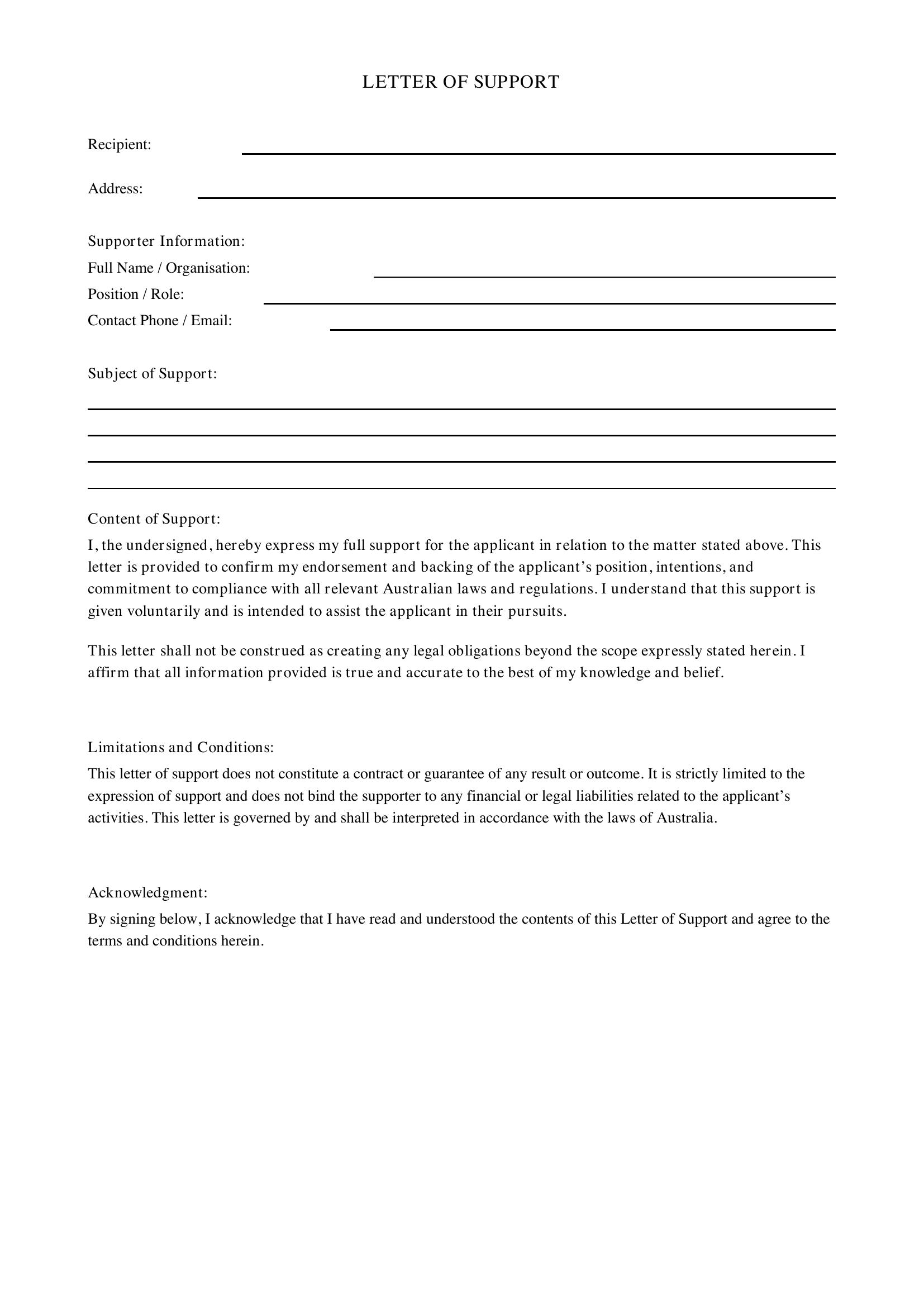 Letter Of Support Template - Australia