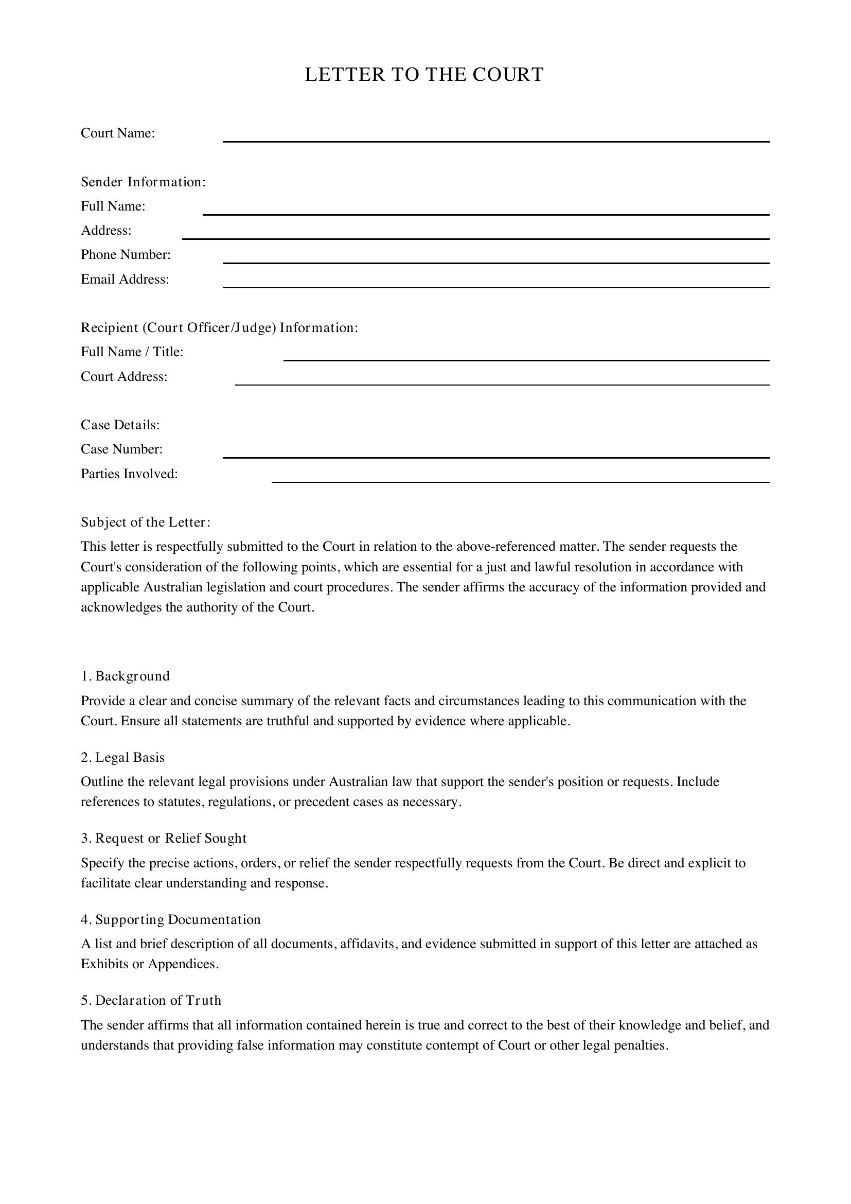 Letter To Court Template - Australia