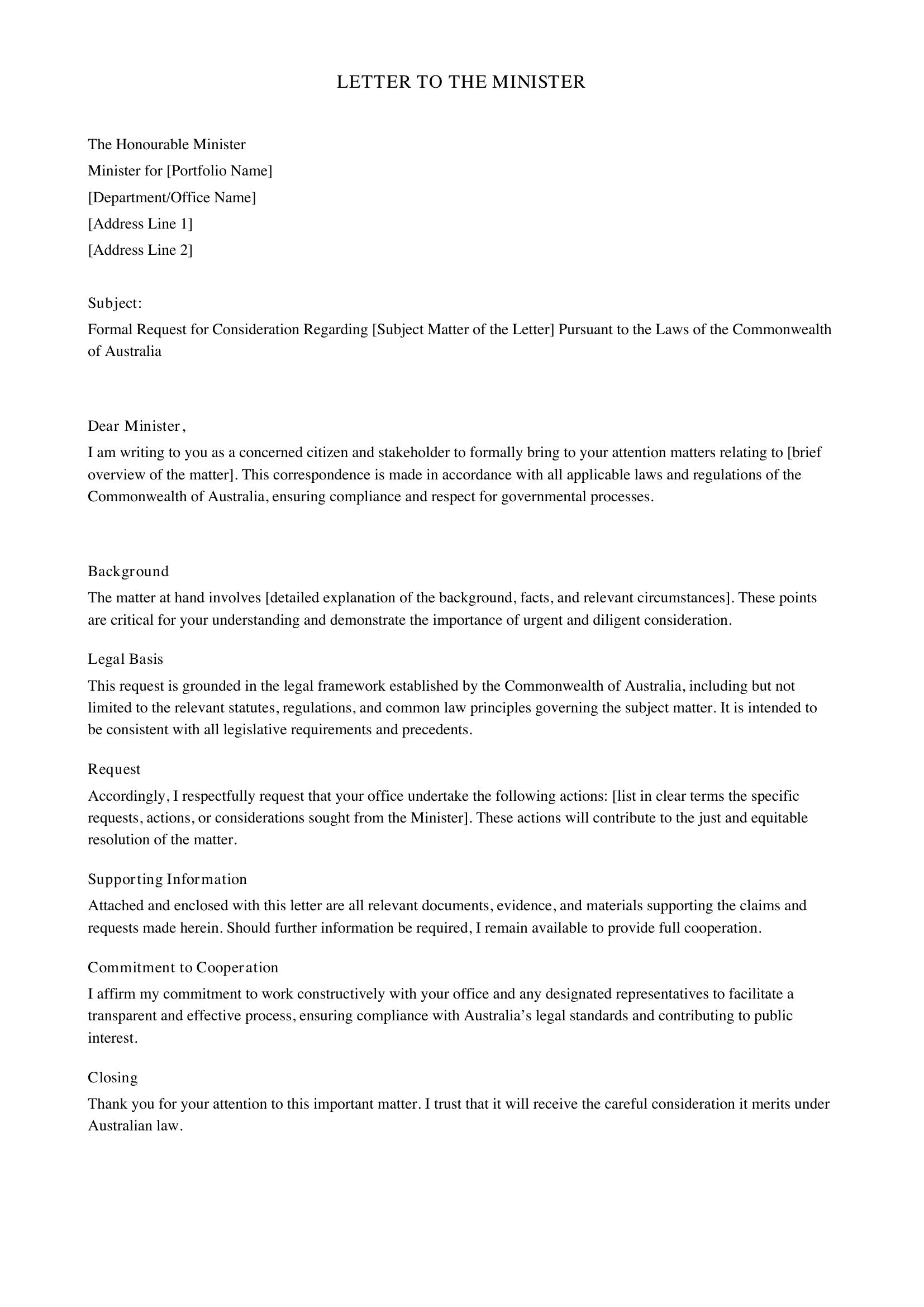 Letter To Minister Template - Australia