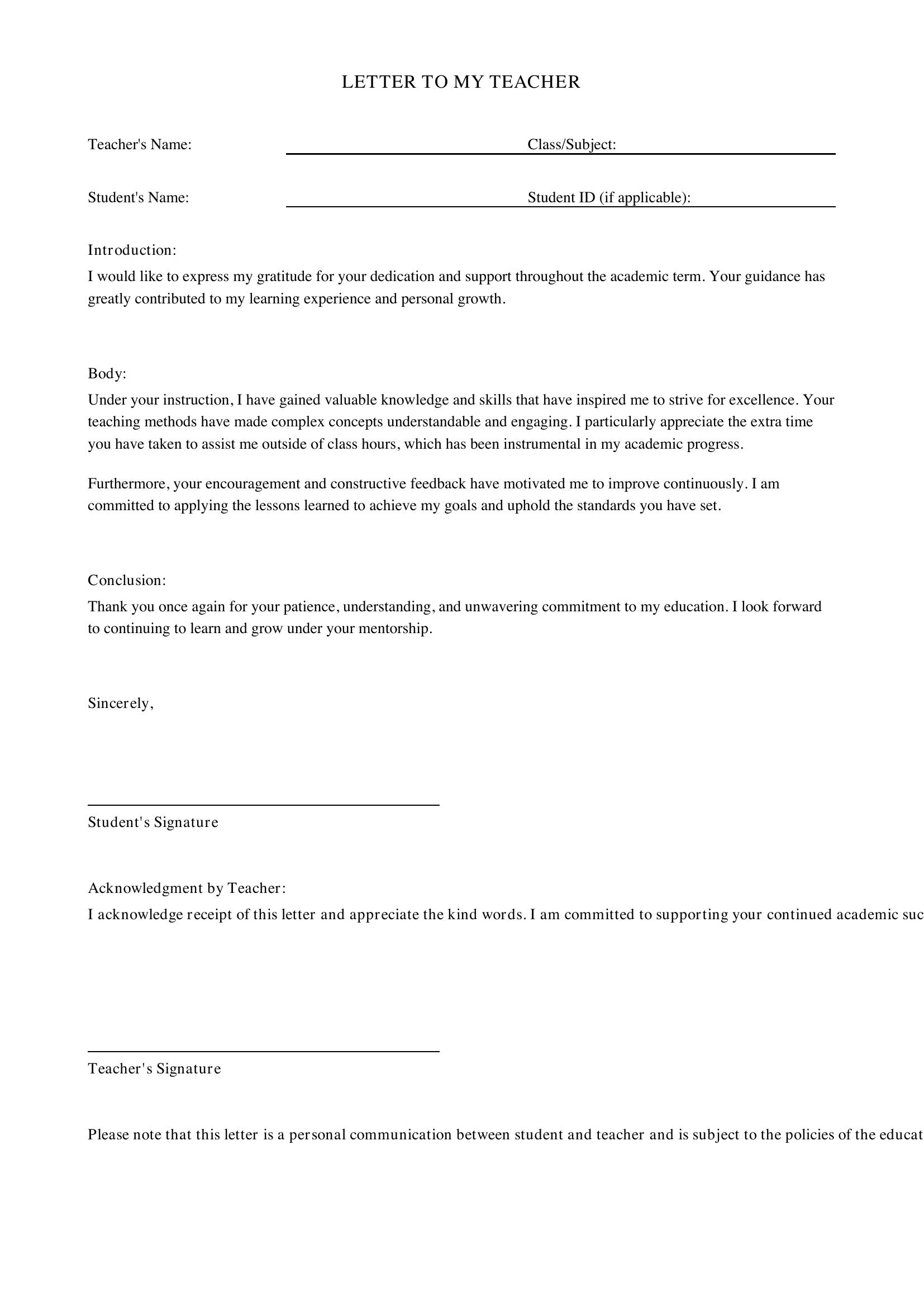 Letter To My Teacher Template - Australia