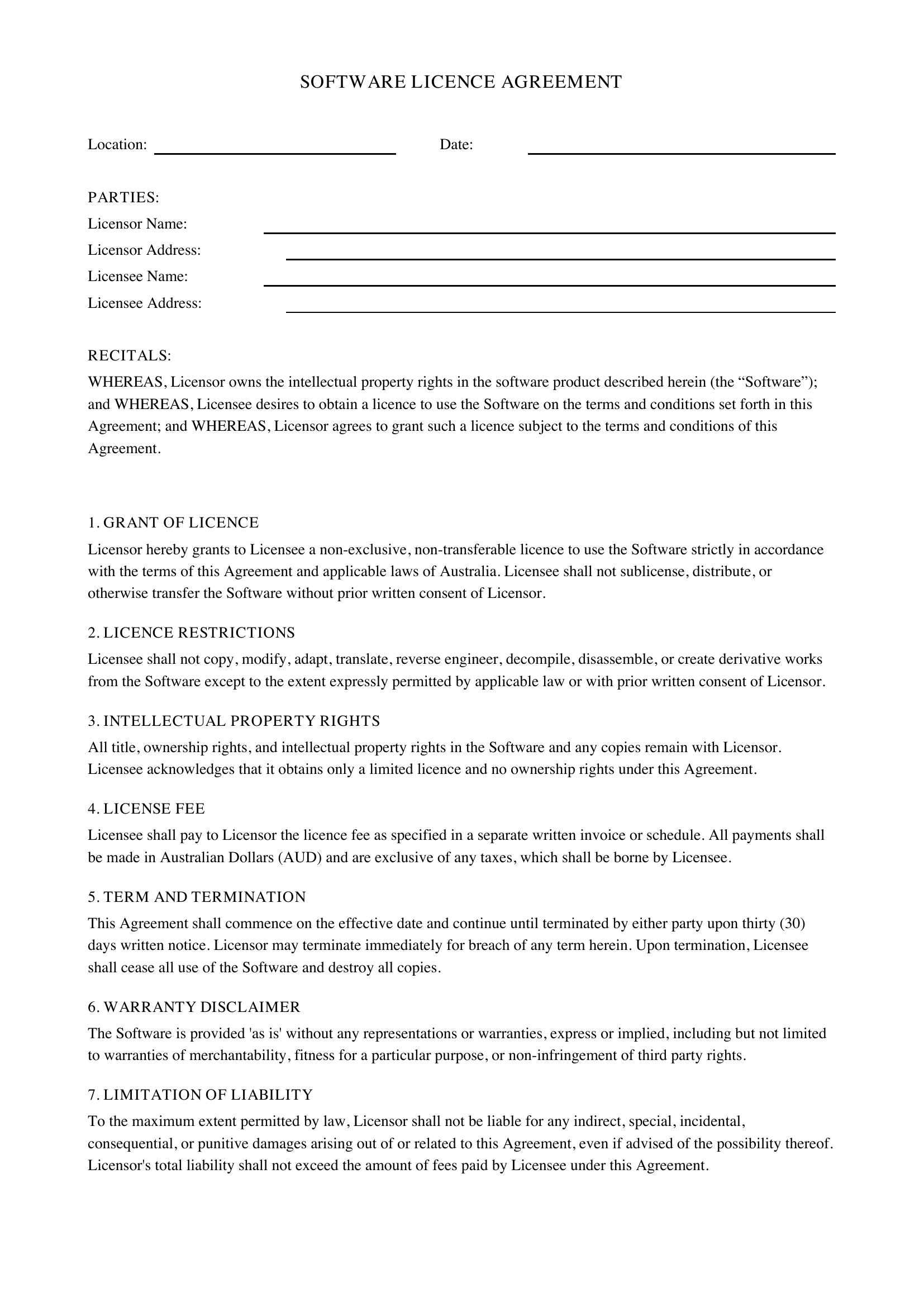 Licence Agreement Template - Australia