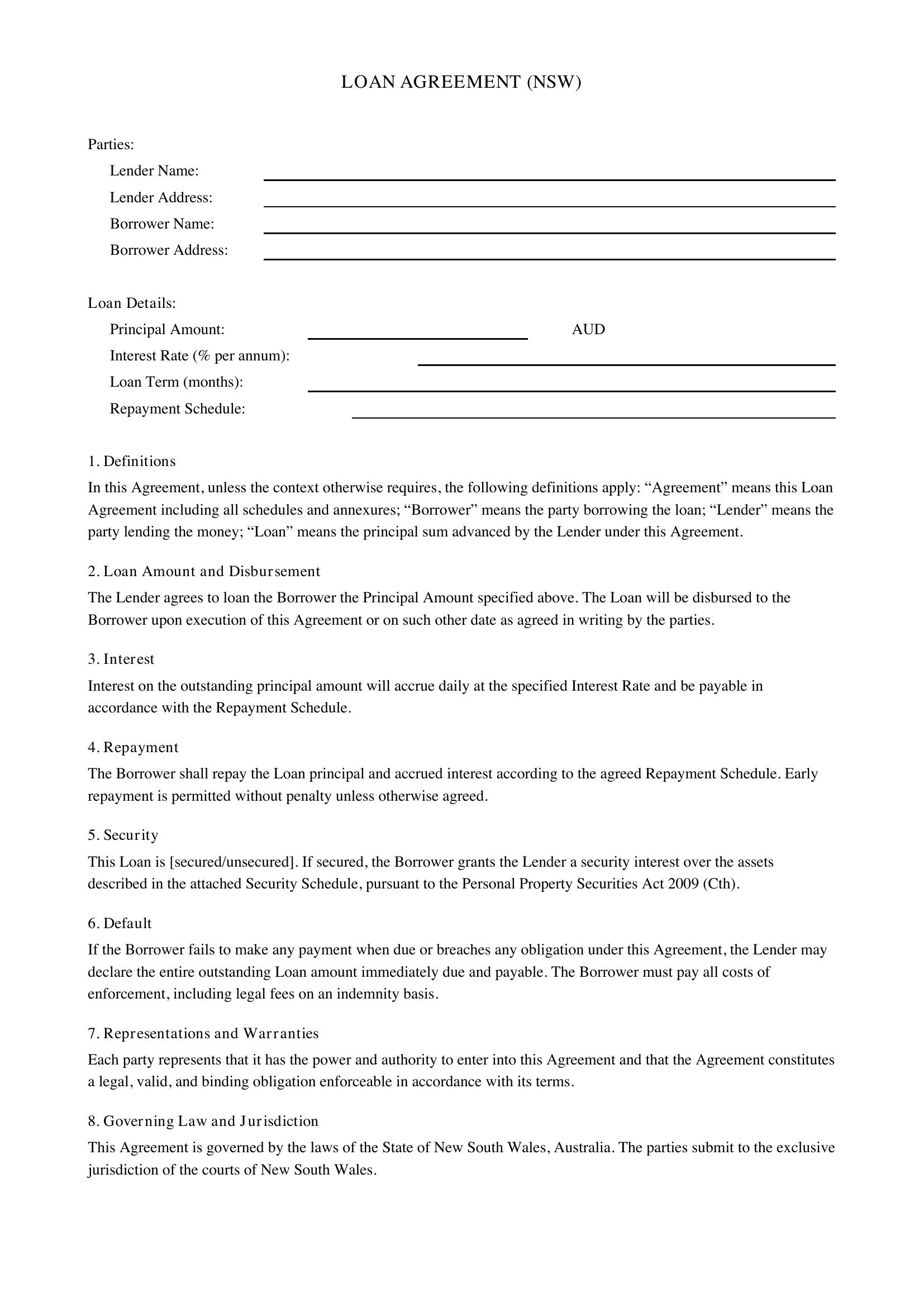 Loan Agreement Nsw Template - Australia