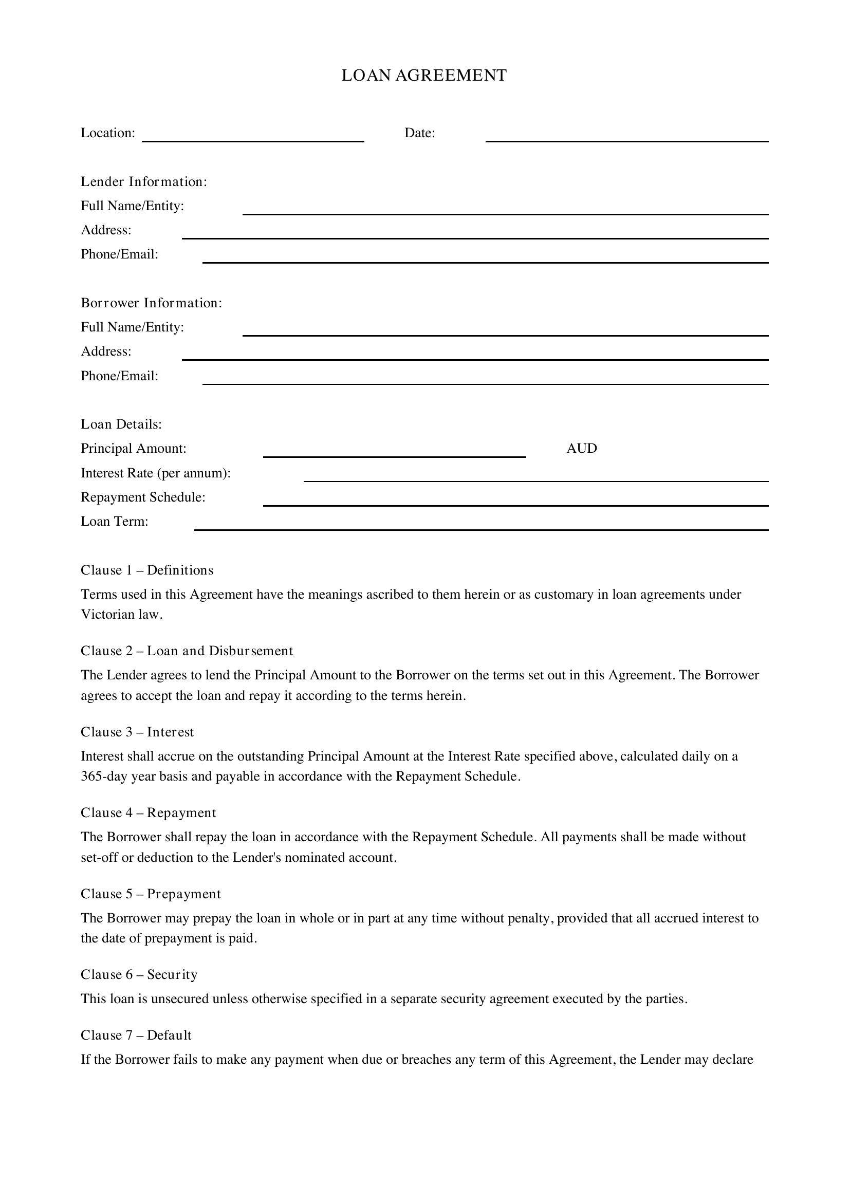 Loan Agreement Victoria Template - Australia