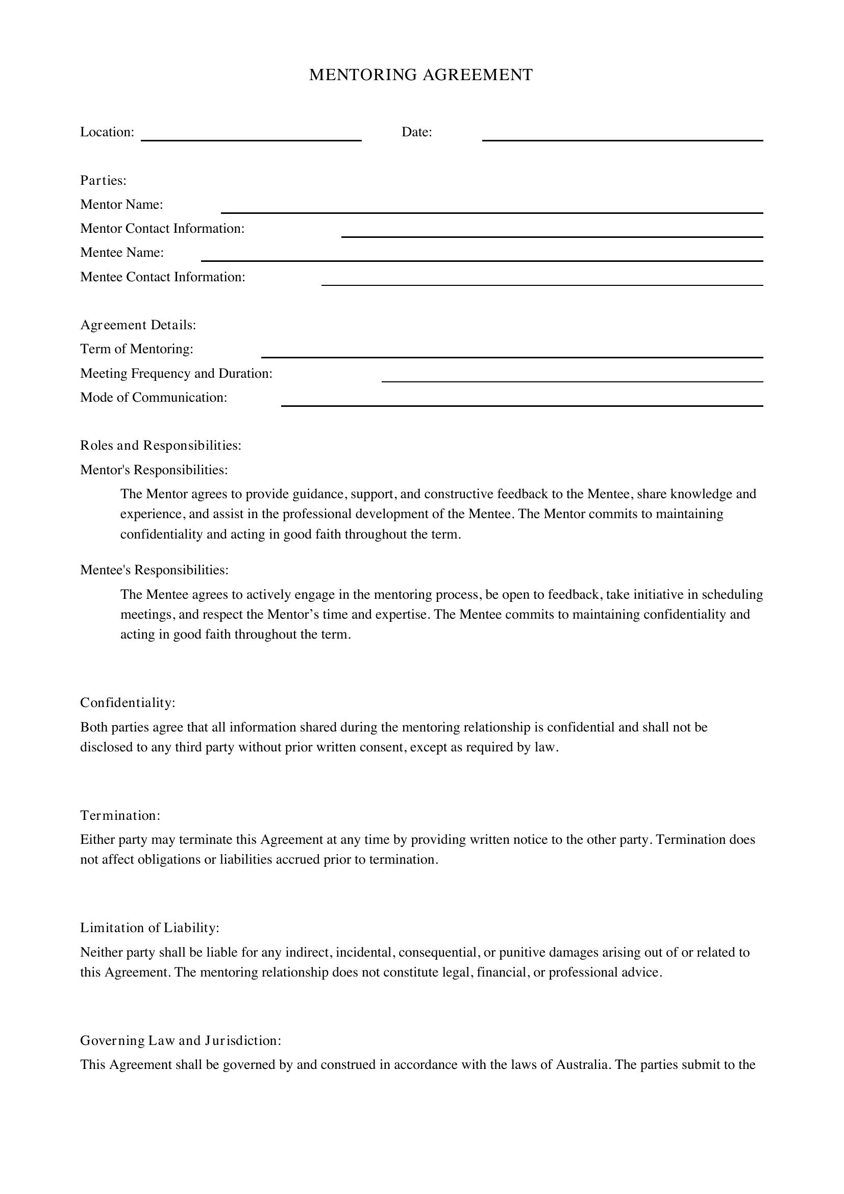 Mentoring Agreement Template - Australia