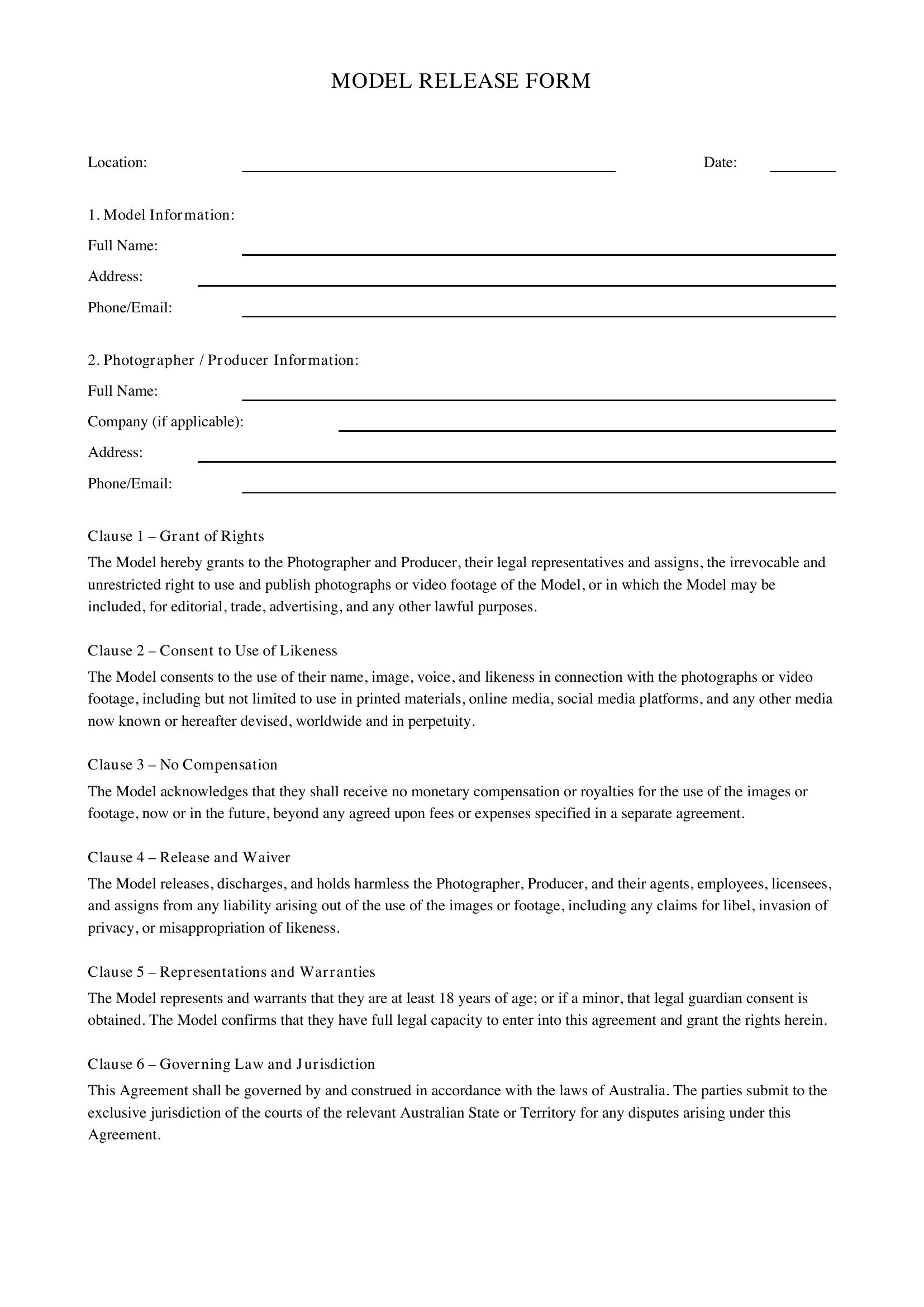 Model Release Form Template - Australia