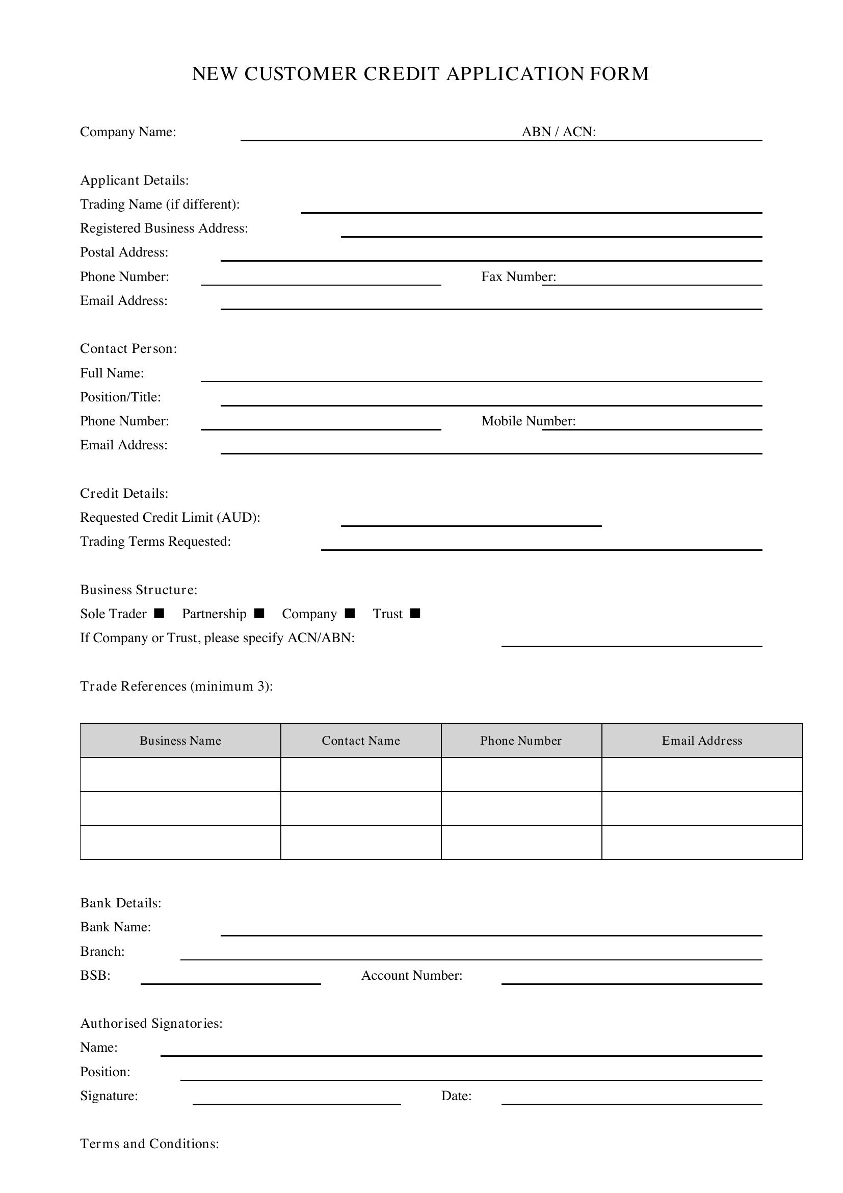 New Customer Credit Application Form Template - Australia