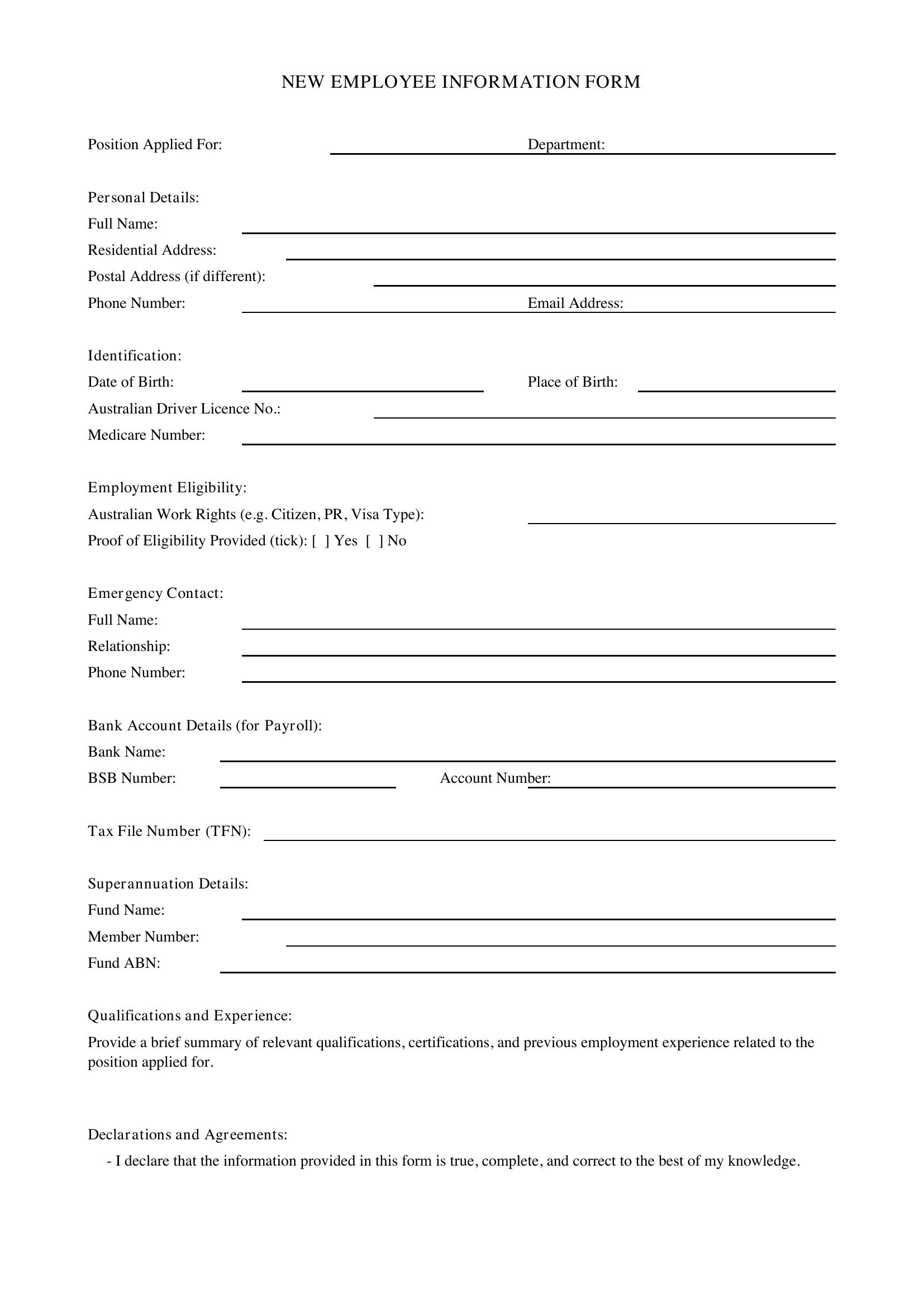 New Employee Form Template - Australia