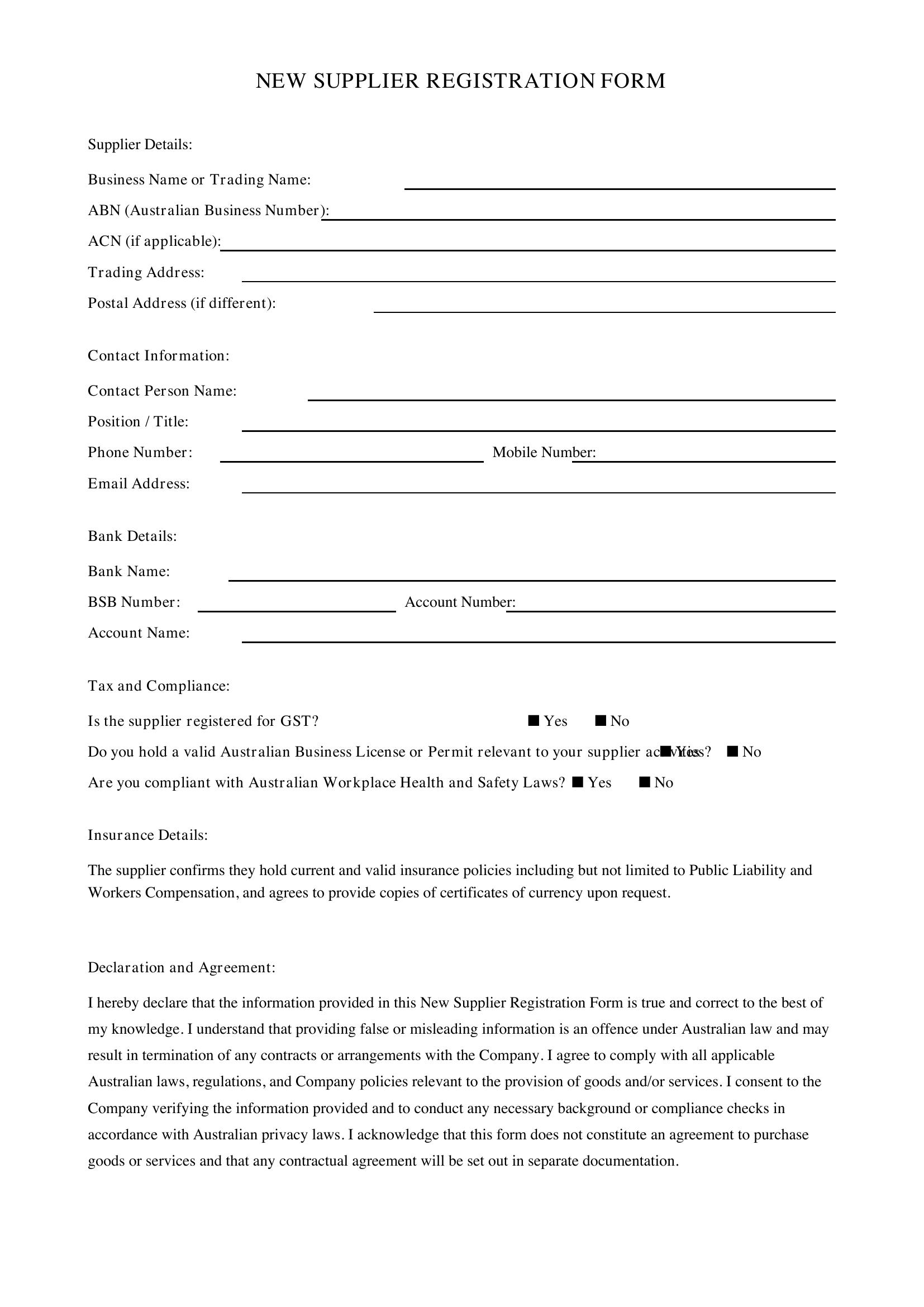 New Supplier Form Template - Australia