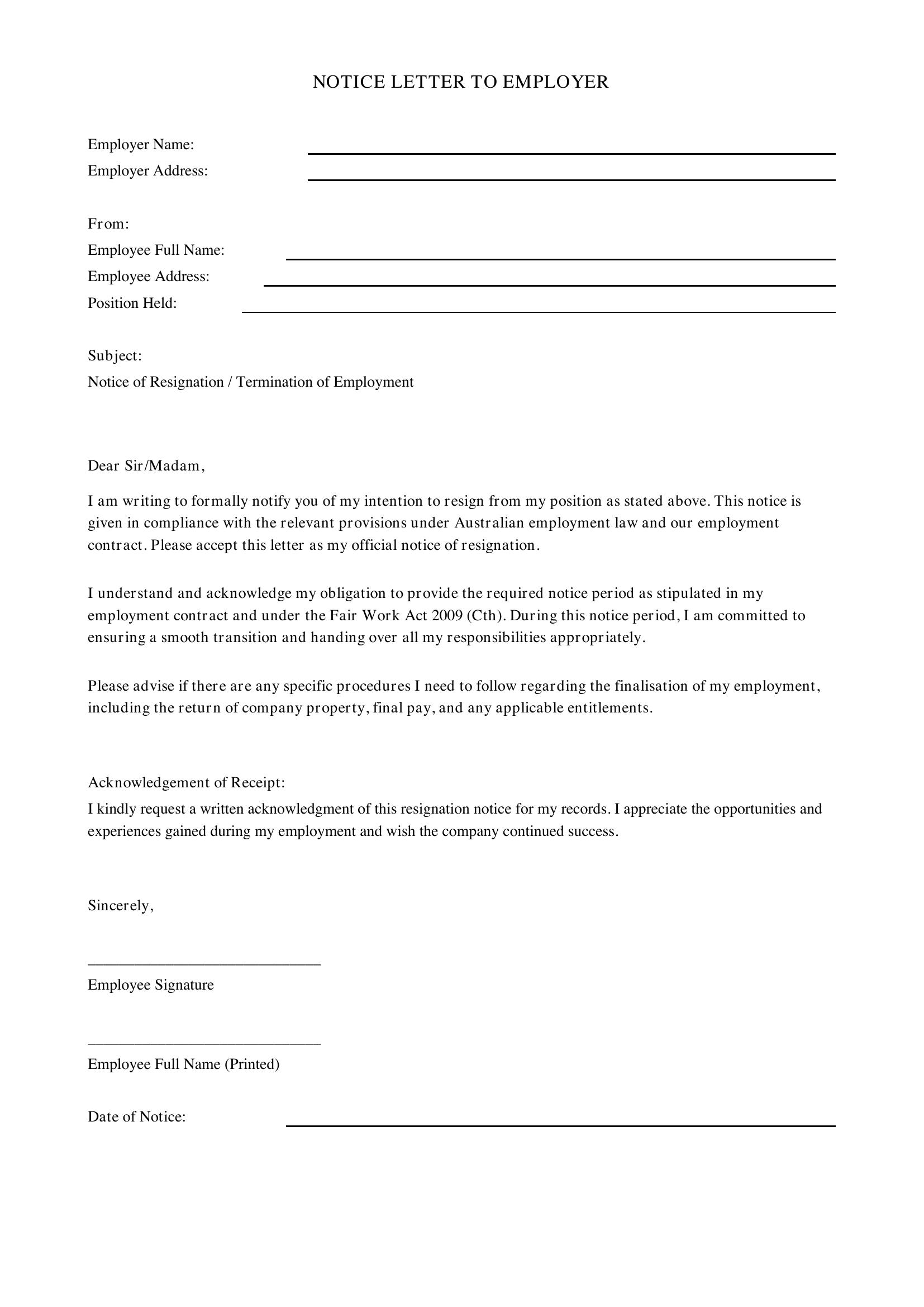 Notice Letter To Employer Template - Australia