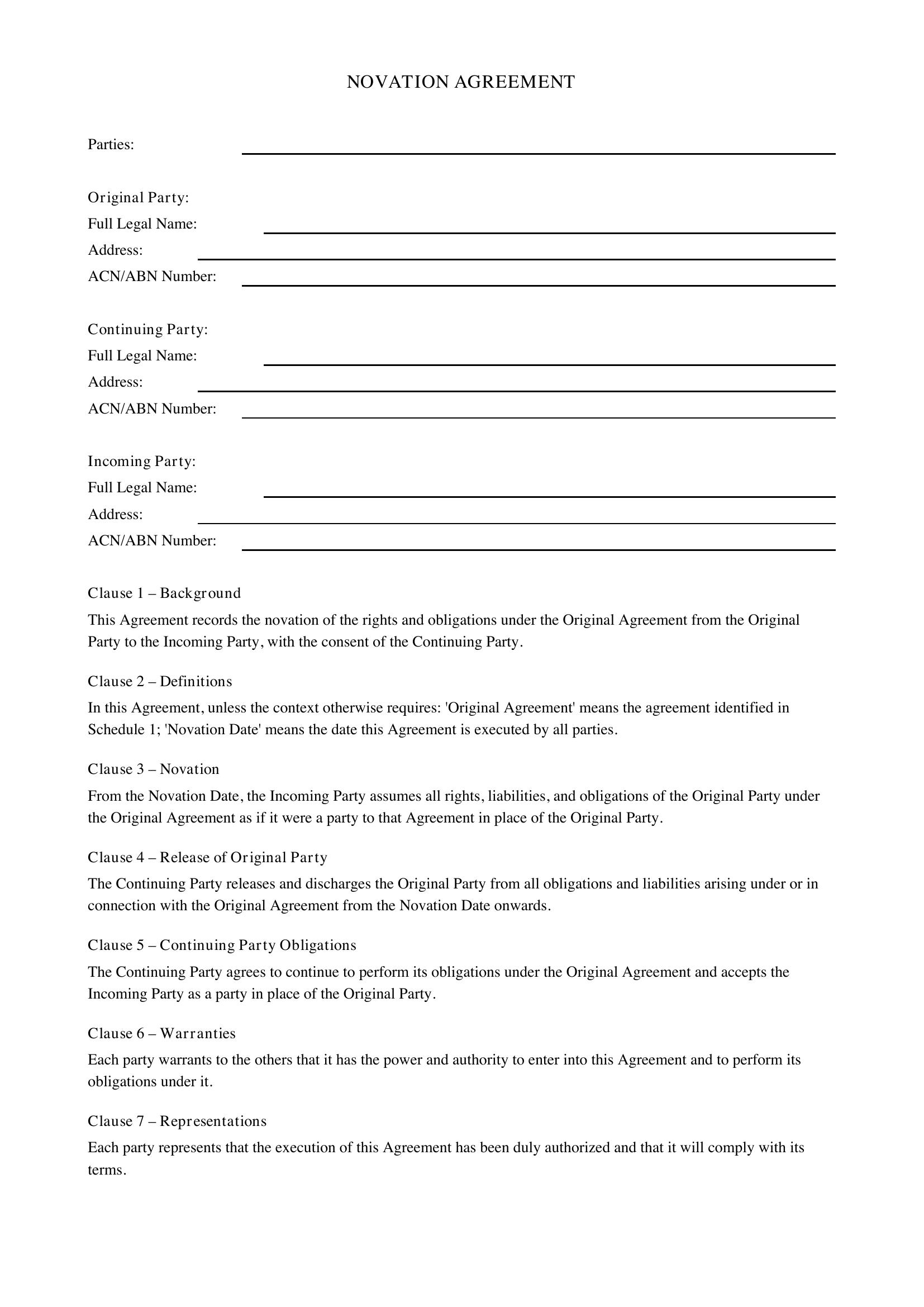 Novation Agreement Template - Australia