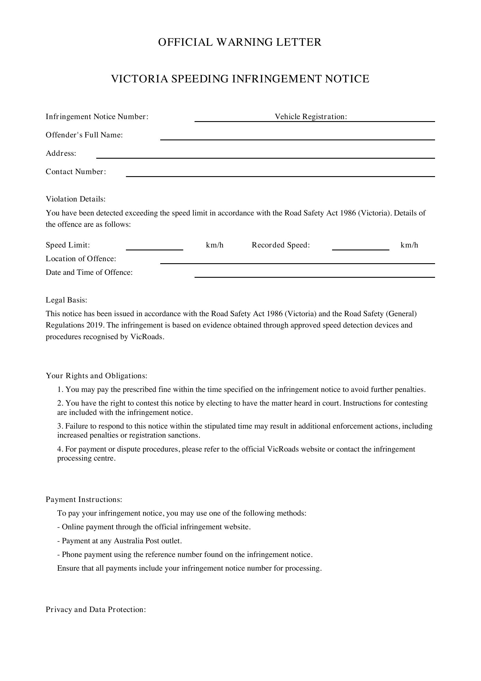 Official Warning Letter Victoria Speeding Template - Australia