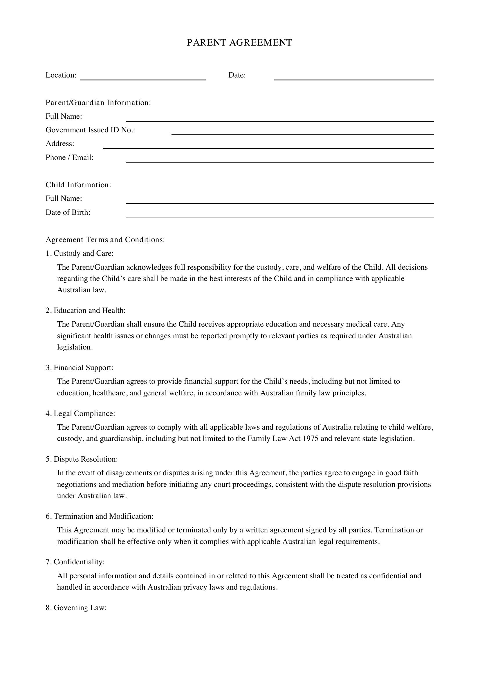 Parent Agreement Template - Australia