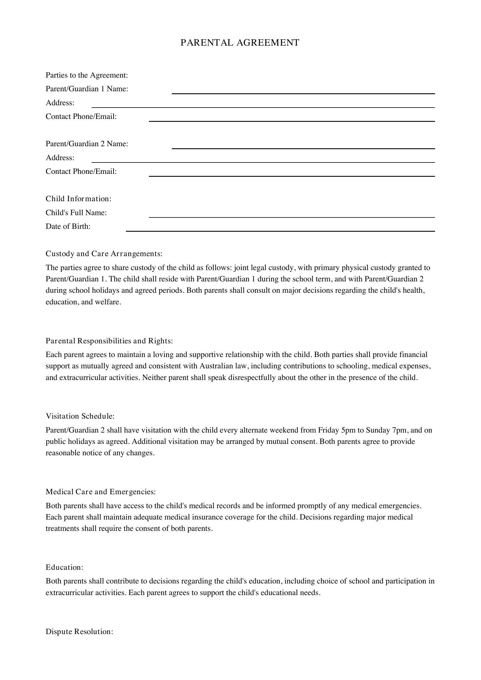 Parental Agreement Template - Australia
