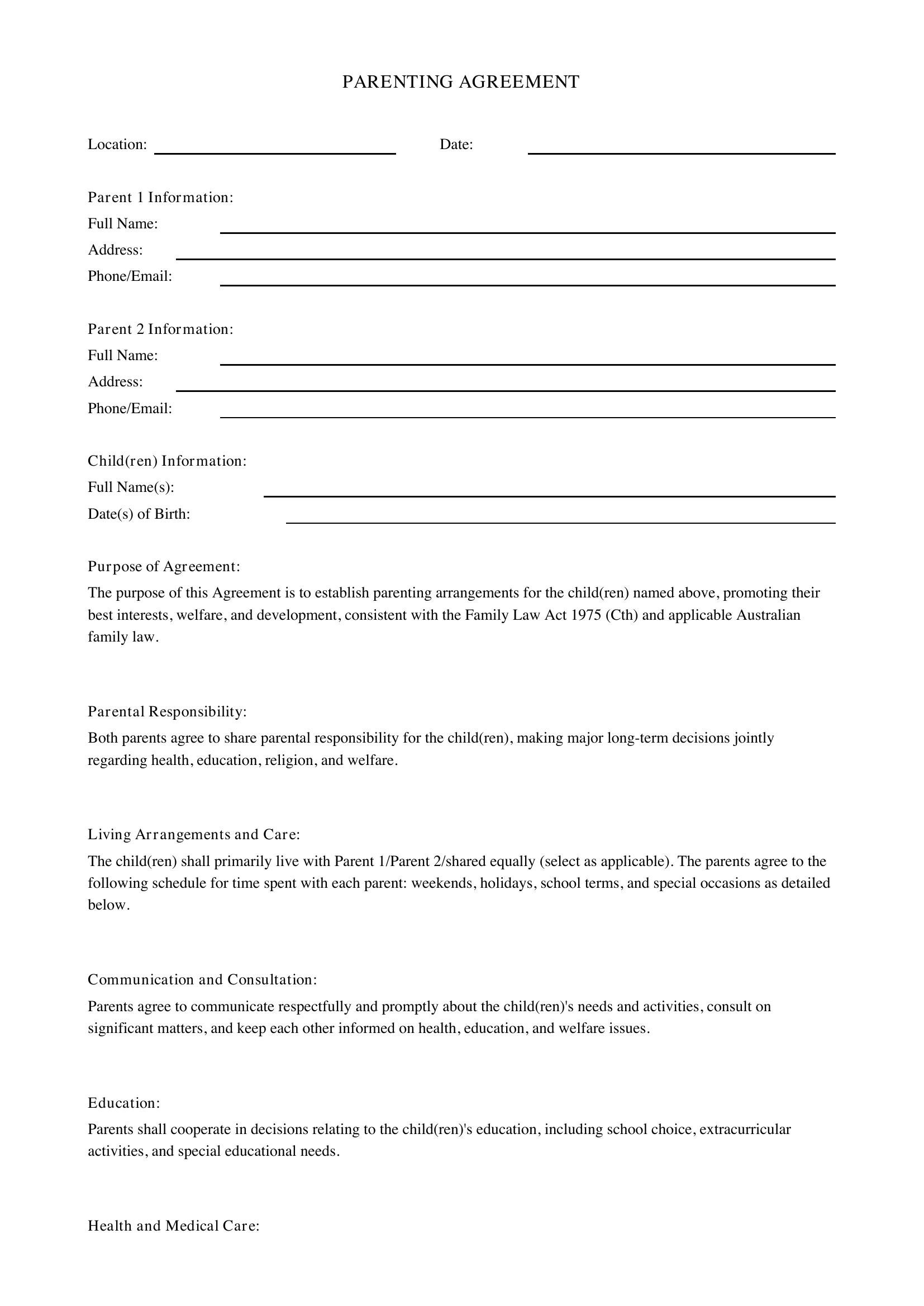 Parenting Agreement Template - Australia