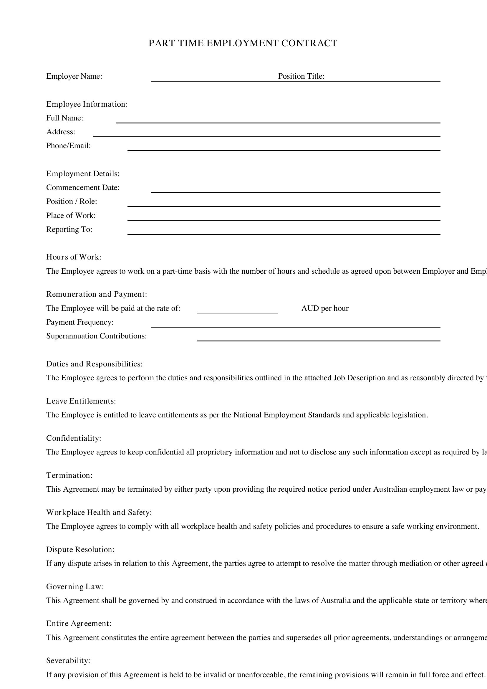 Part Time Employment Contract Template - Australia
