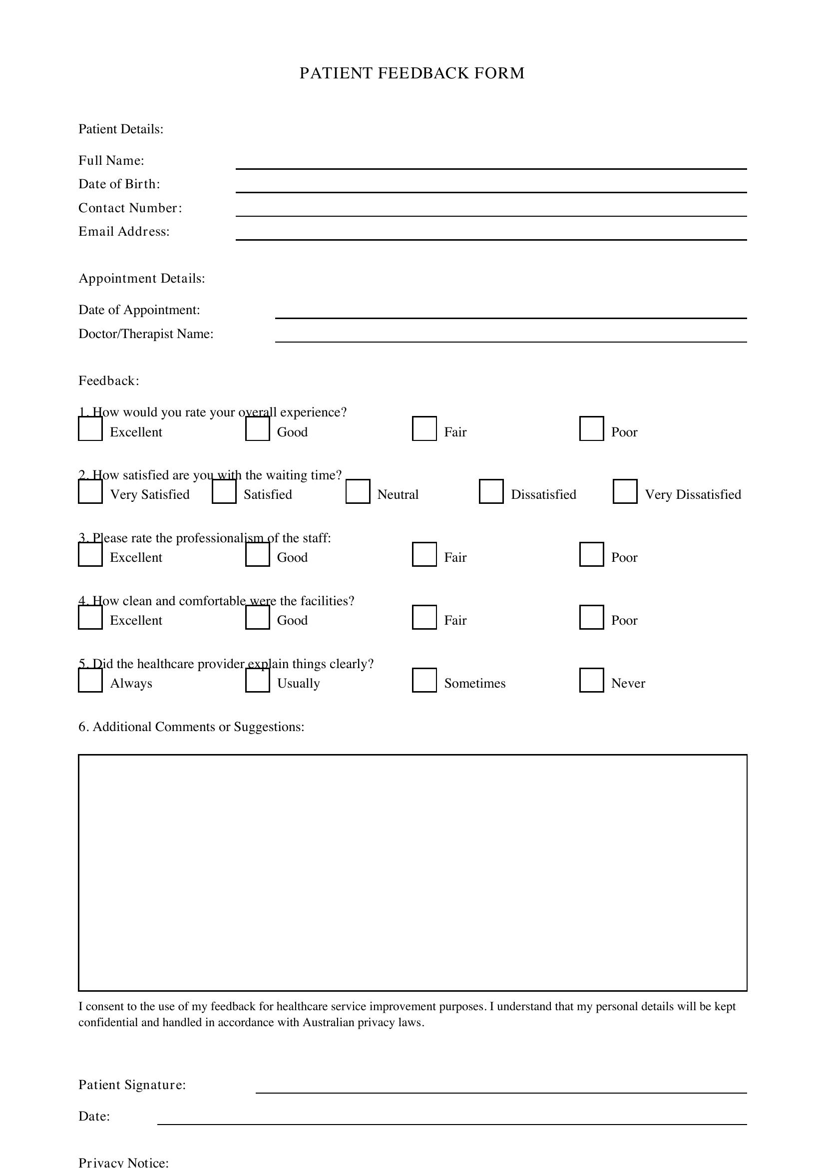Patient Feedback Form Template - Australia