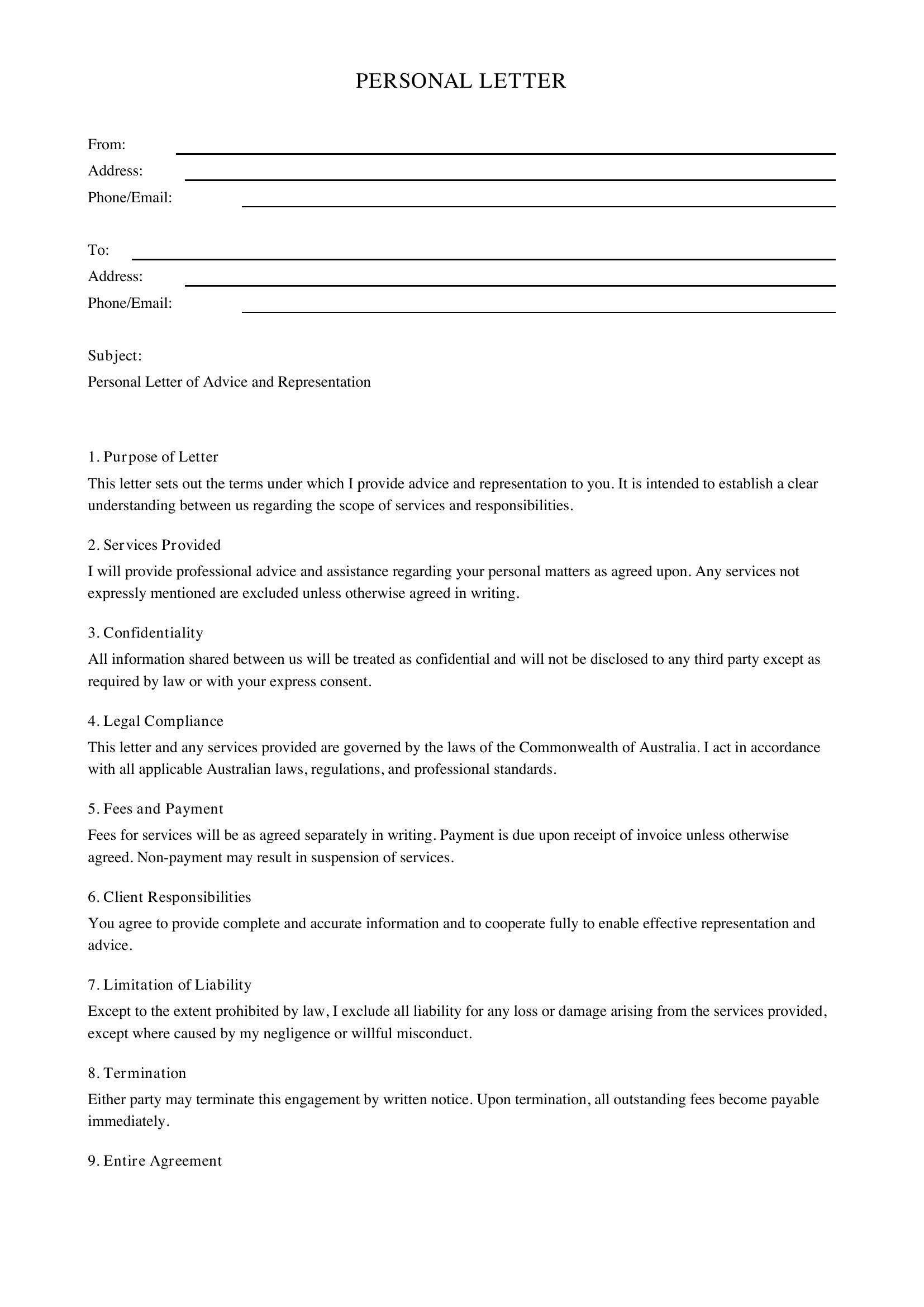 Personal Letter Template - Australia