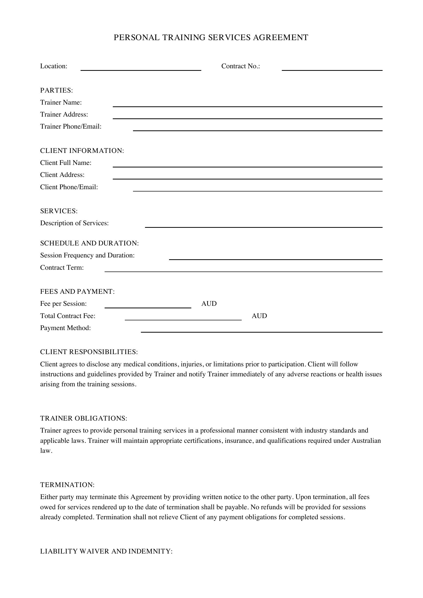 Personal Training Contract Template - Australia