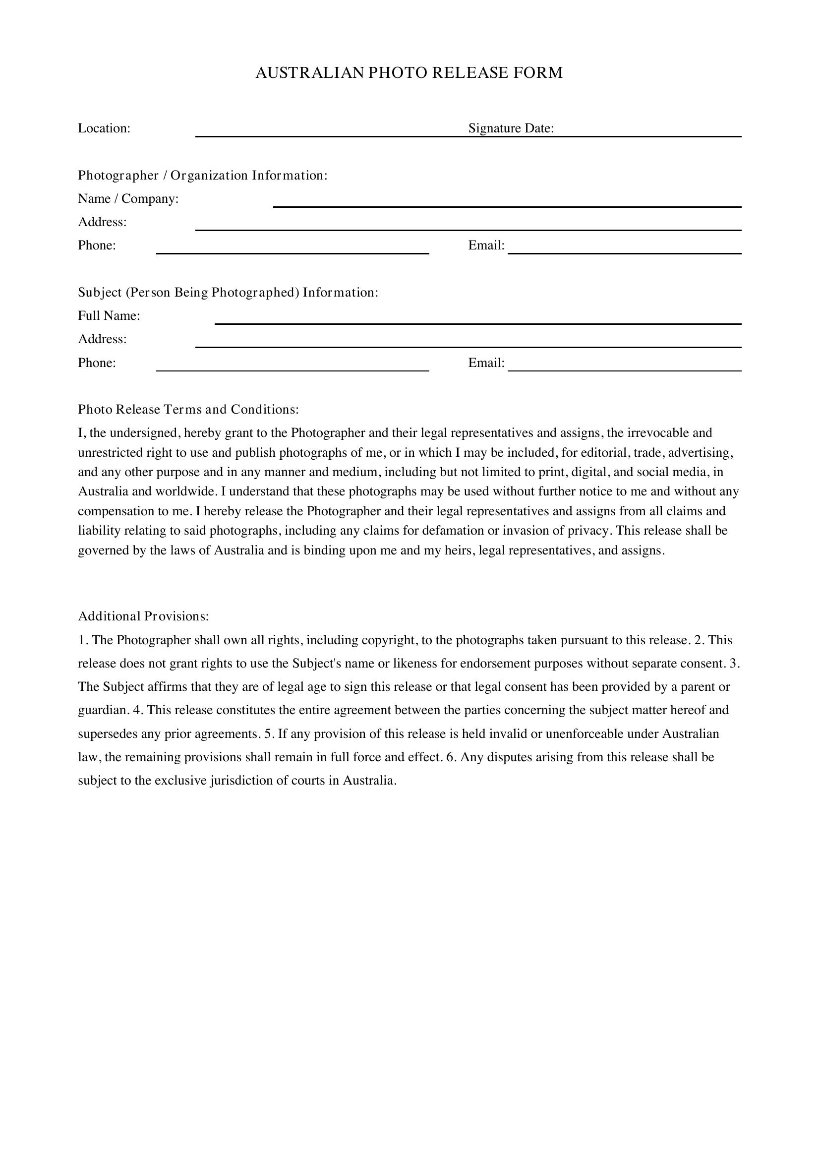 Photo Release Form Template - Australia