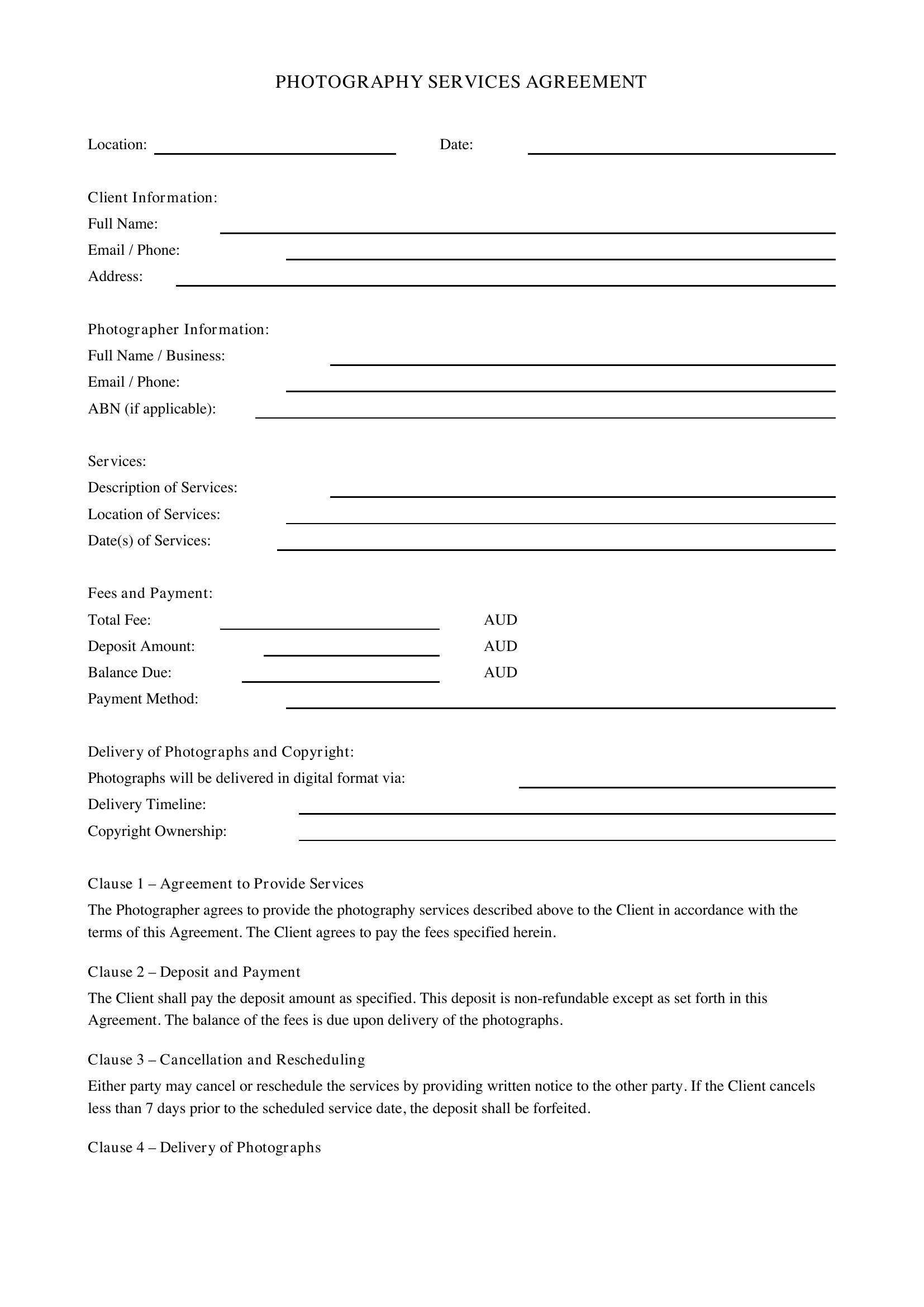 Photography Contract Template - Australia
