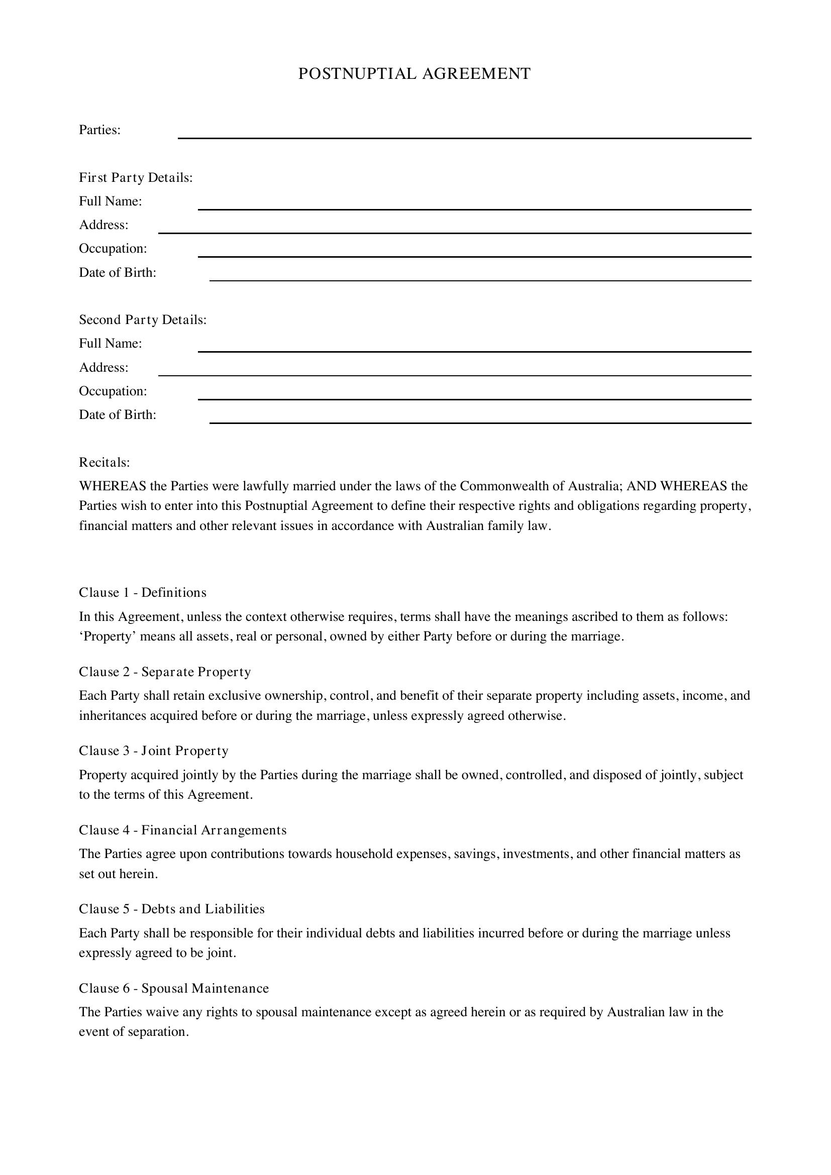 Postnuptial Agreement Template - Australia