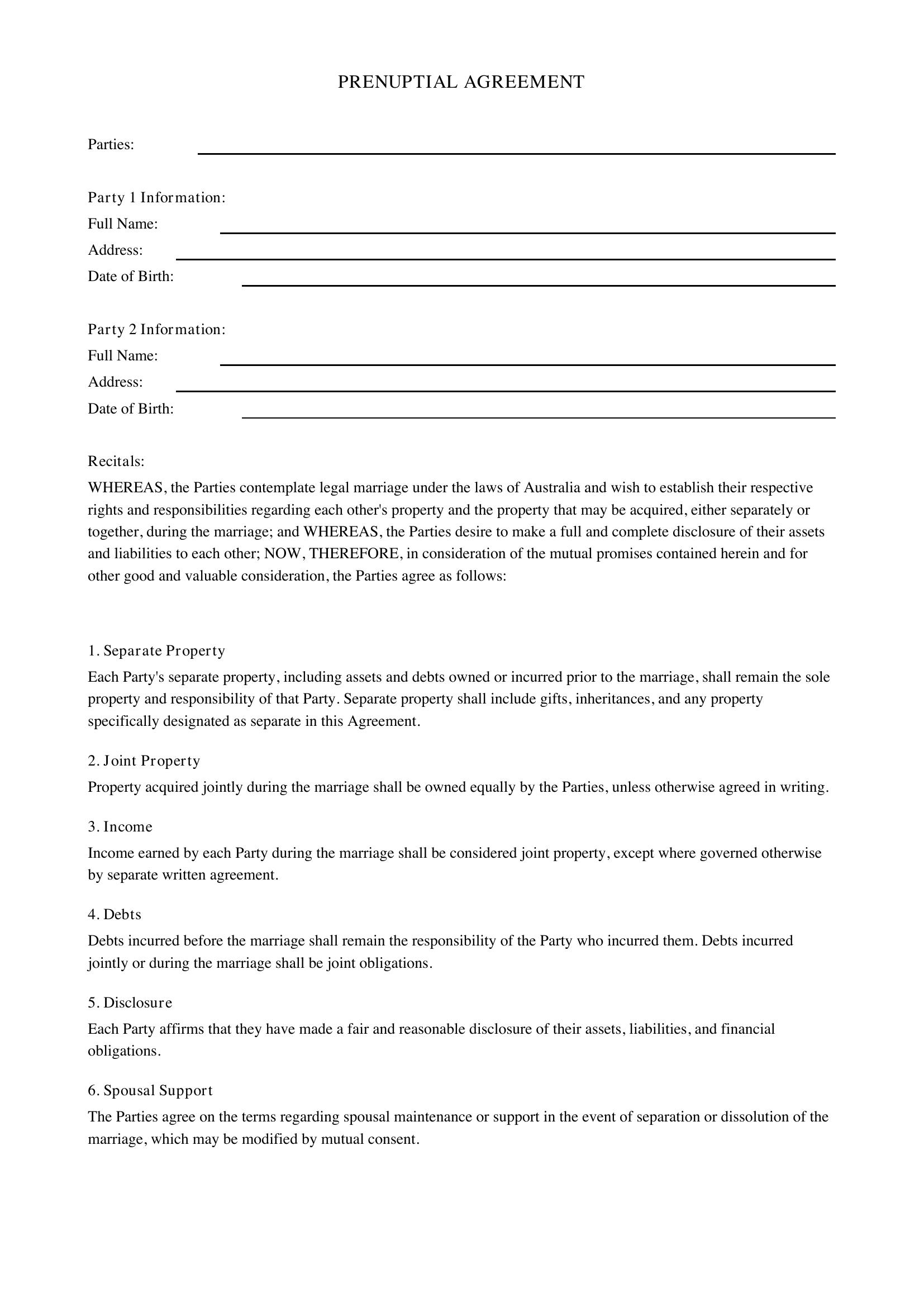 Prenuptial Agreement Template - Australia