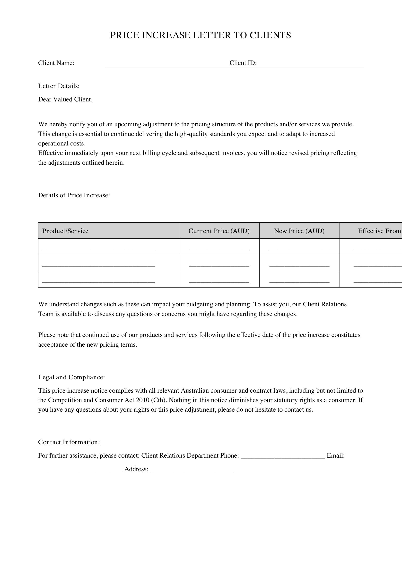Price Increase Letter To Clients Template - Australia
