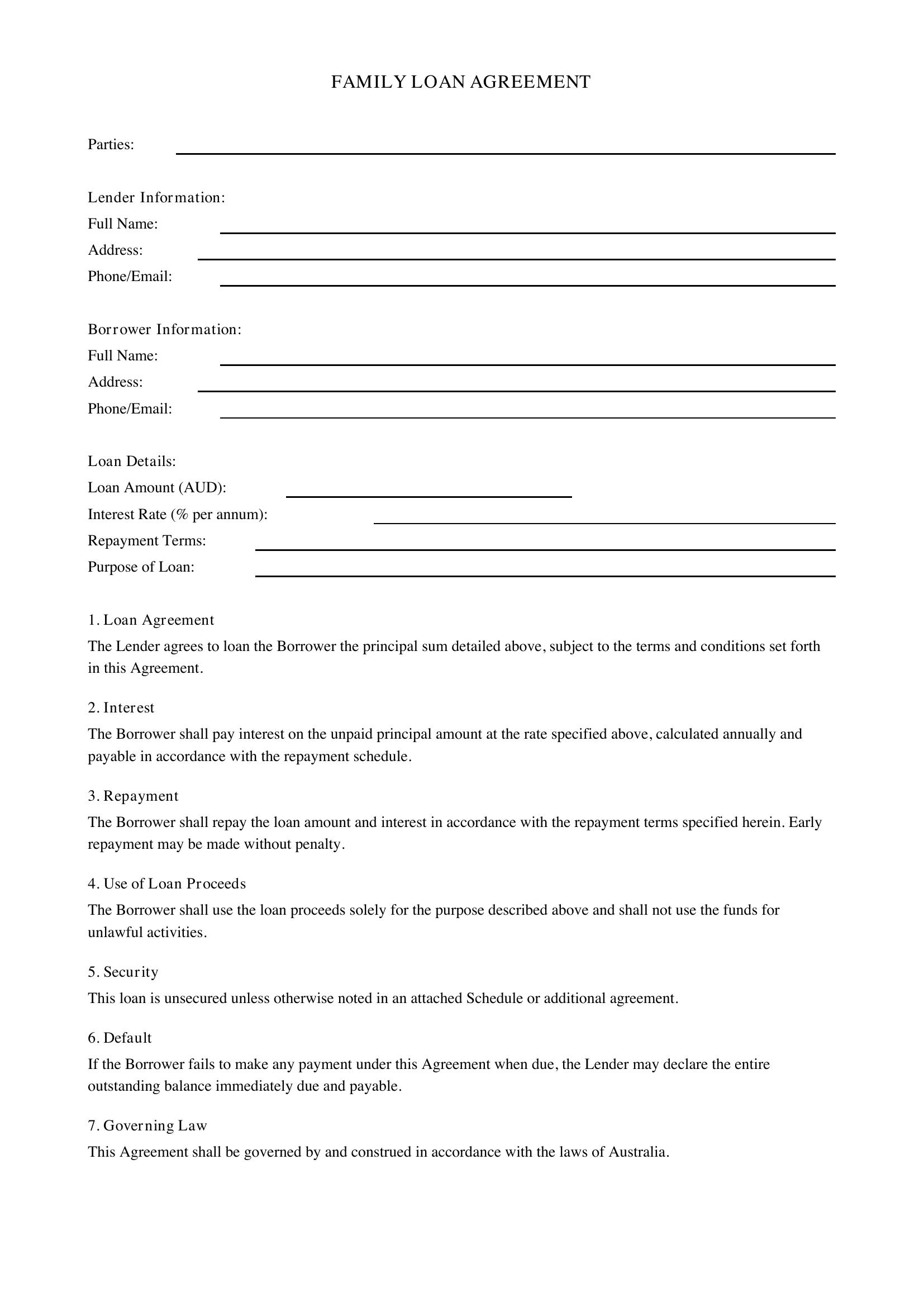 Printable Family Loan Agreement Template - Australia