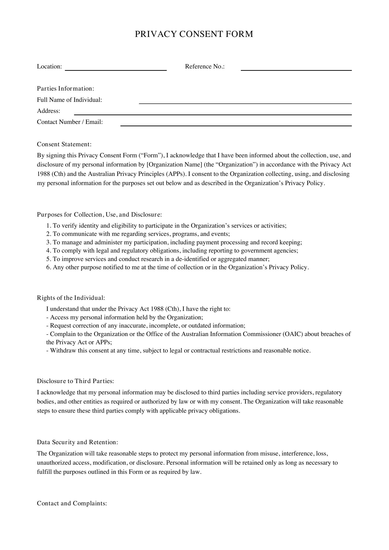 Privacy Consent Form Template - Australia