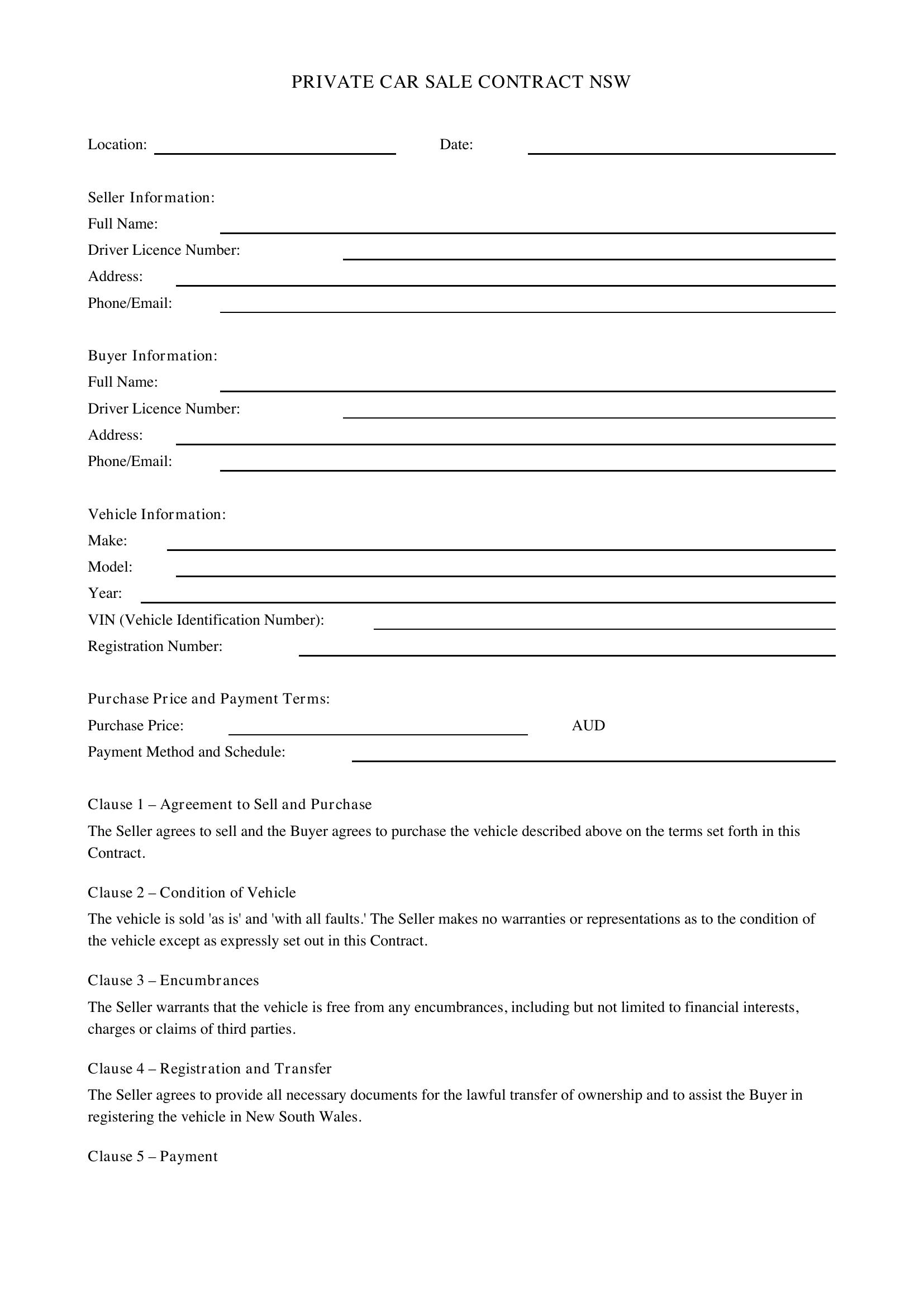 Private Car Sale Contract Nsw Template - Australia