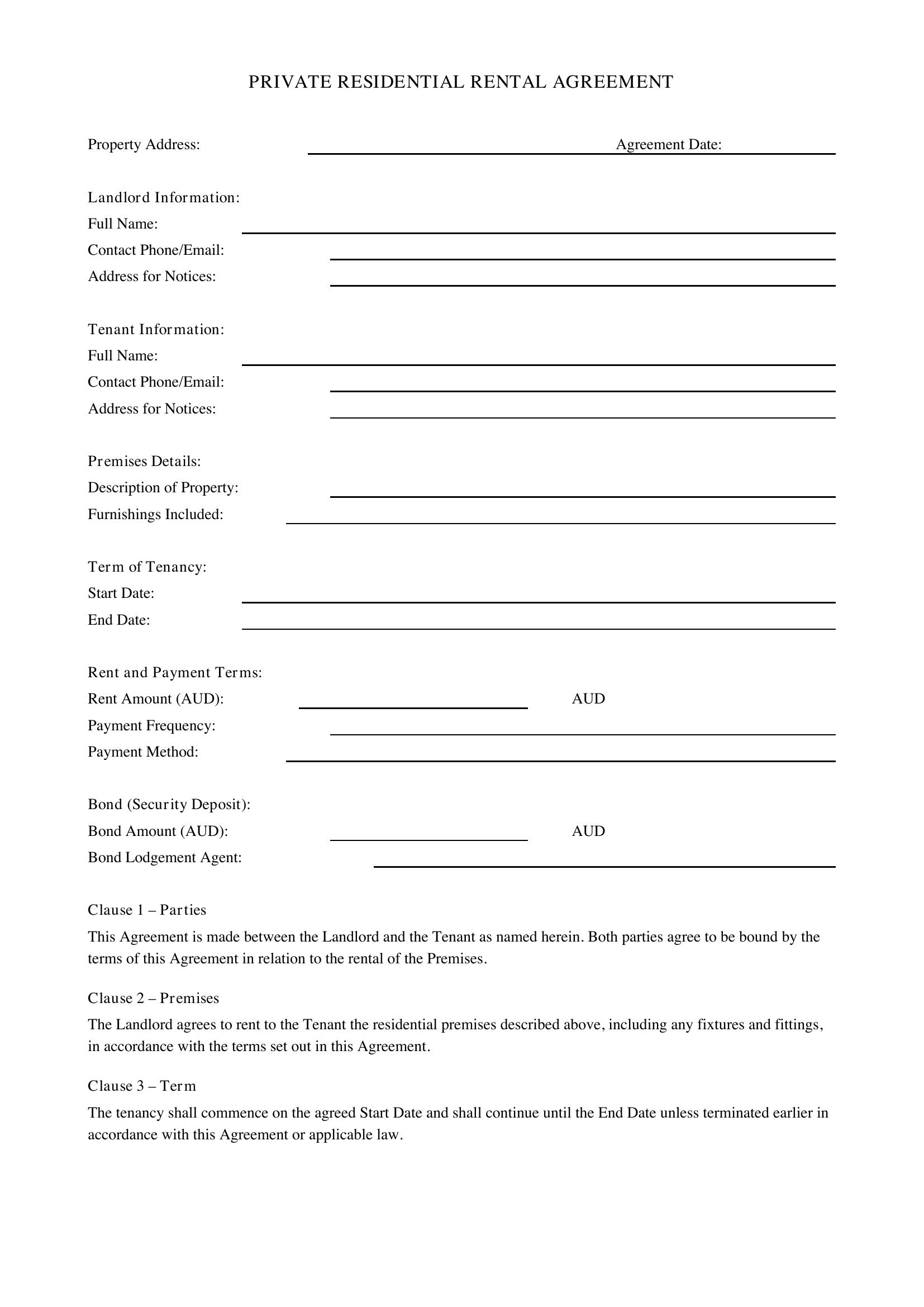 Private Rental Agreement Sa Template - Australia