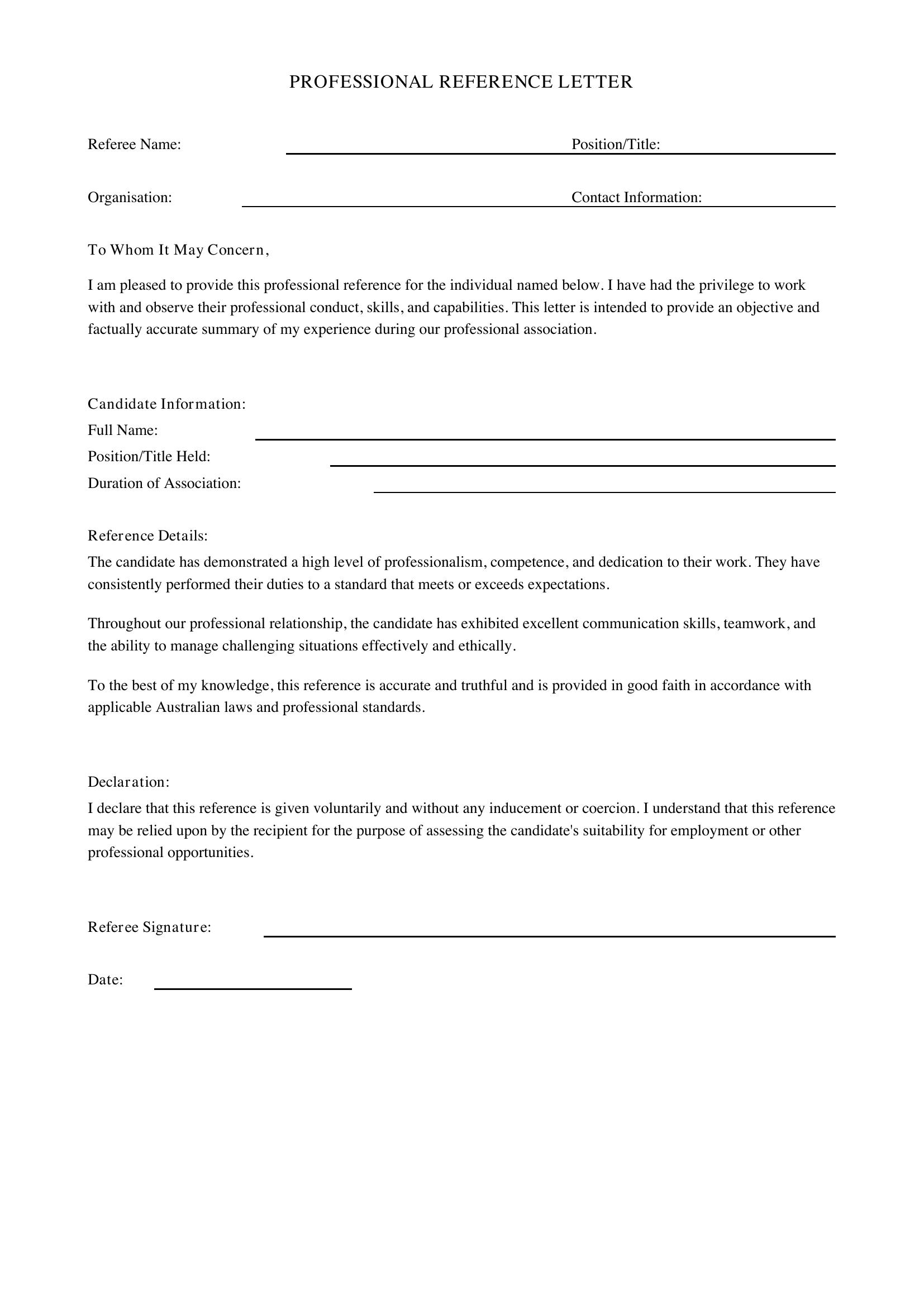 Professional Reference Letter Template - Australia
