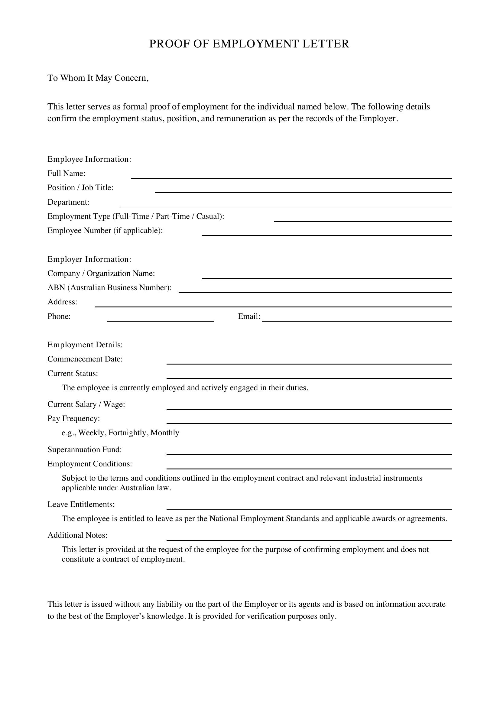 Proof Of Employment Letter Template - Australia