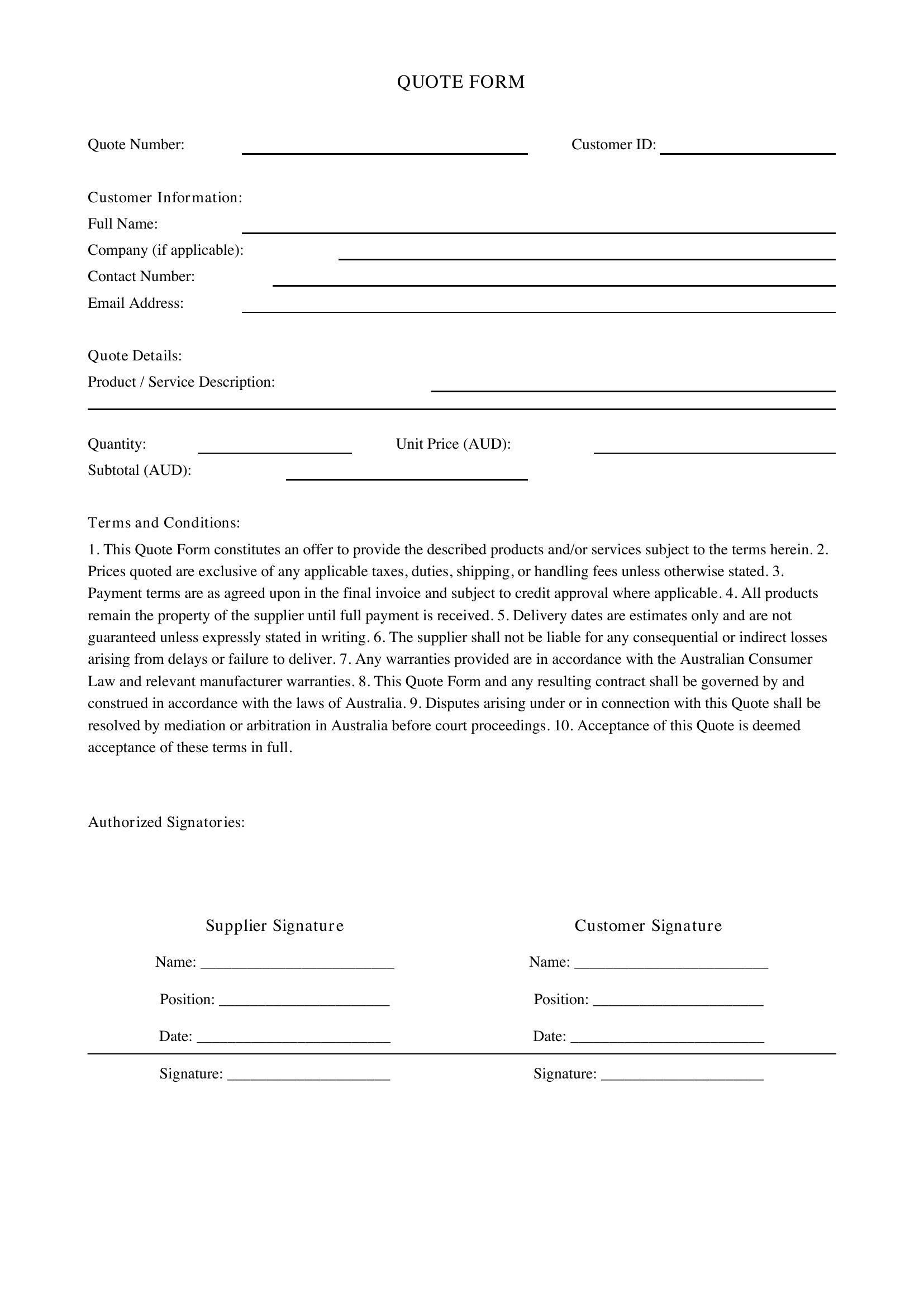 Quote Form Template - Australia