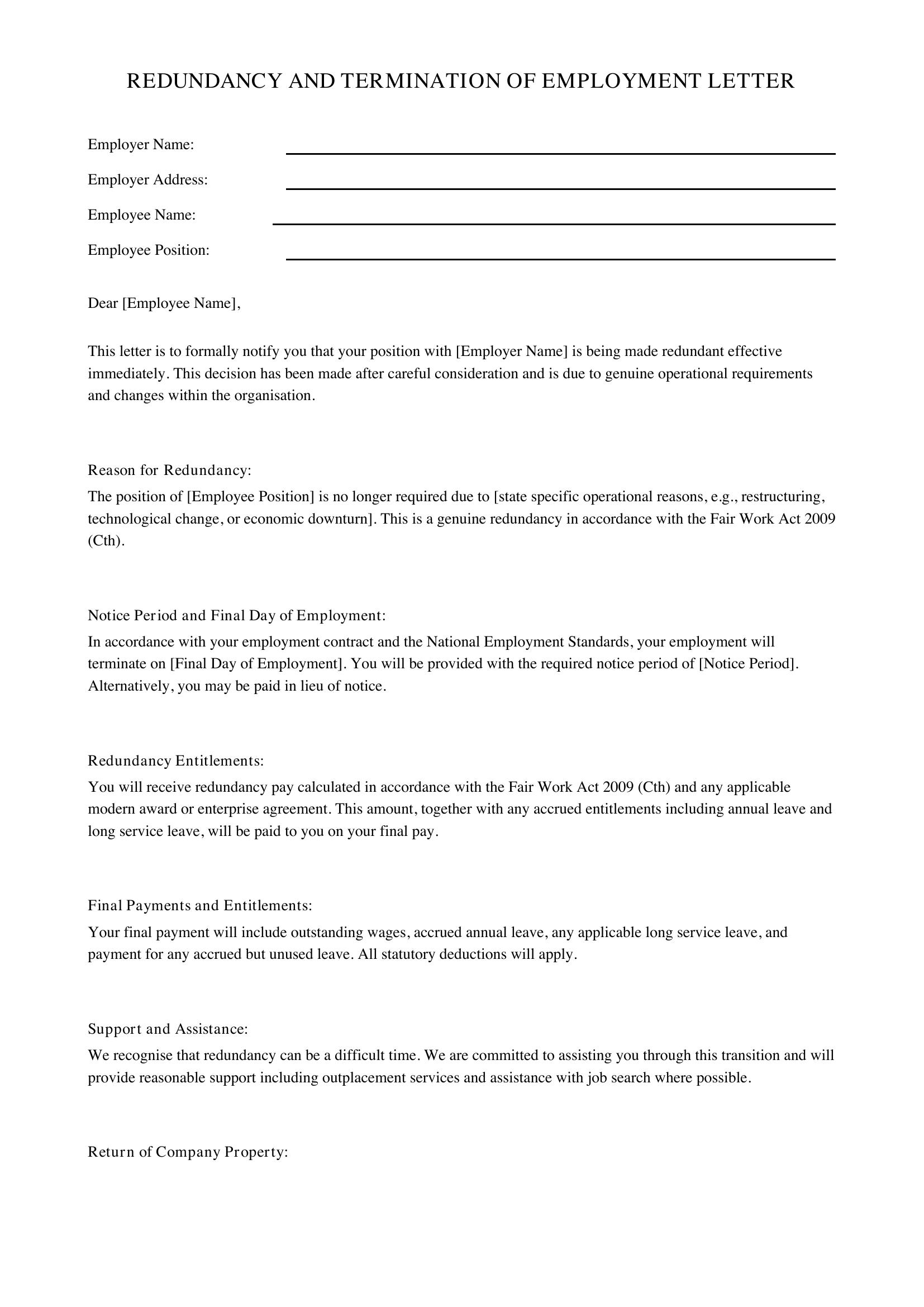 Redundancy Letter Template - Australia