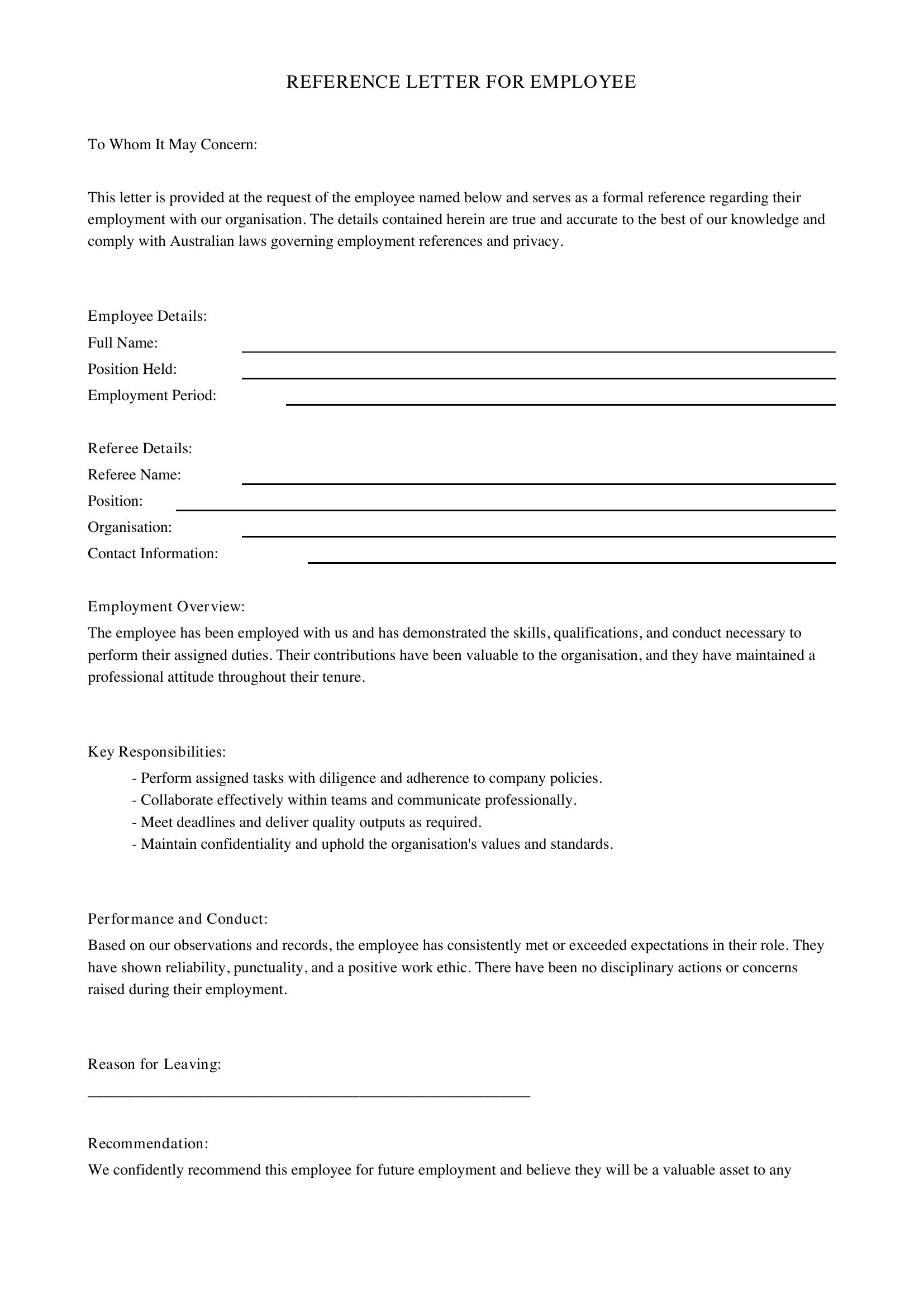 Reference Letter For Employee Template - Australia