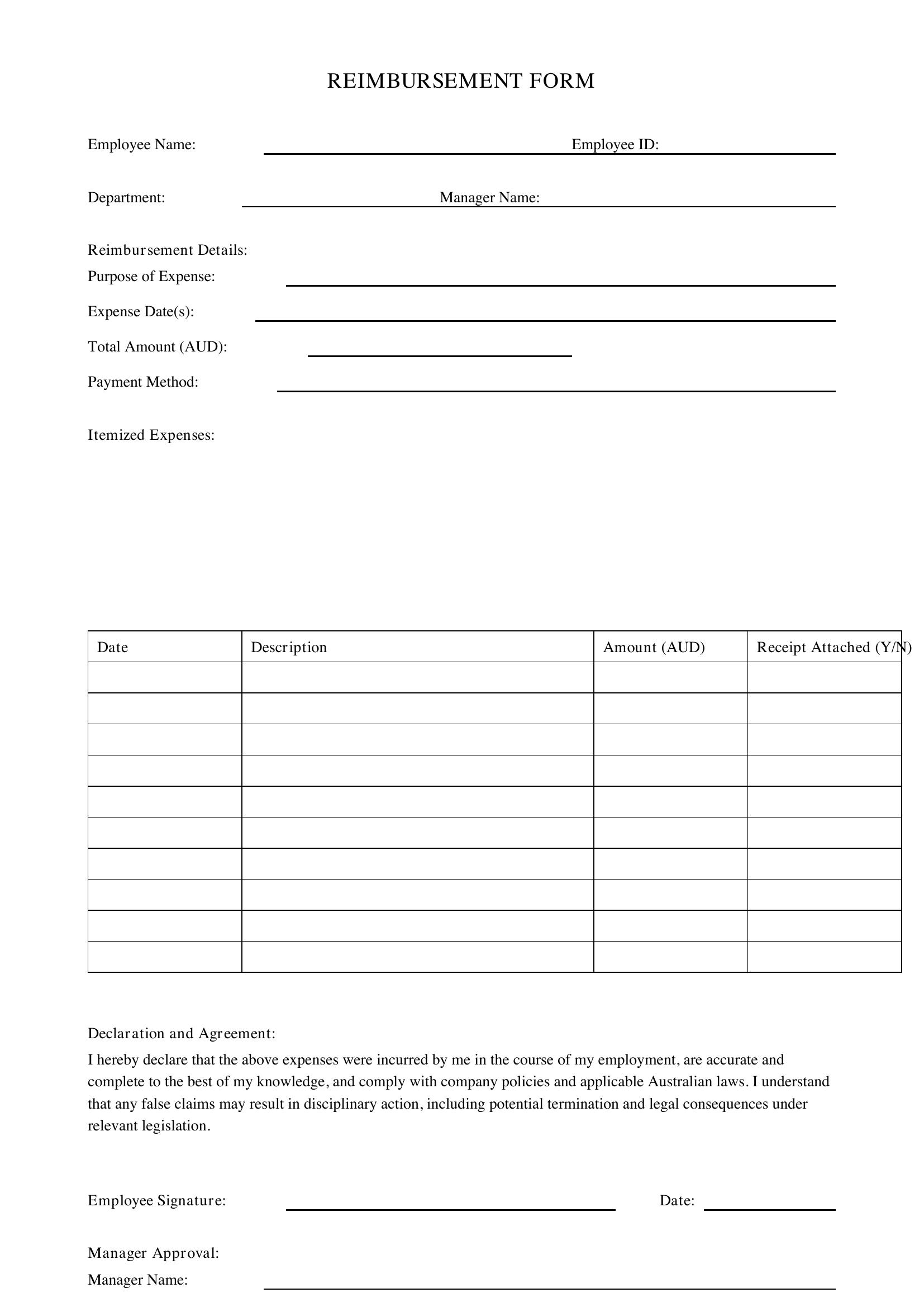 Reimbursement Form Template - Australia
