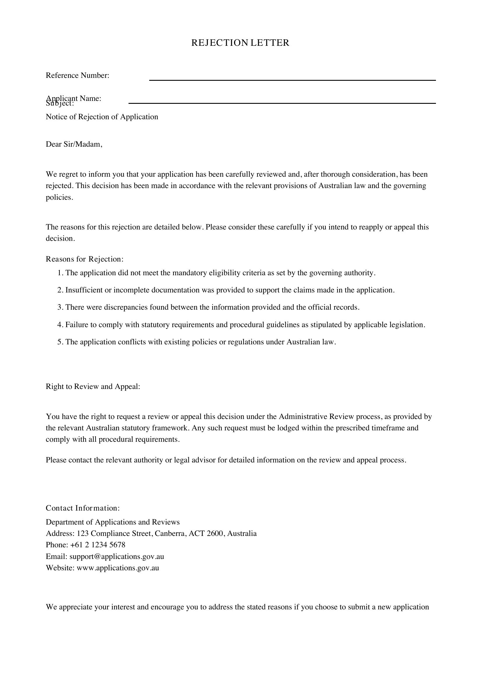 Rejection Letter Template - Australia