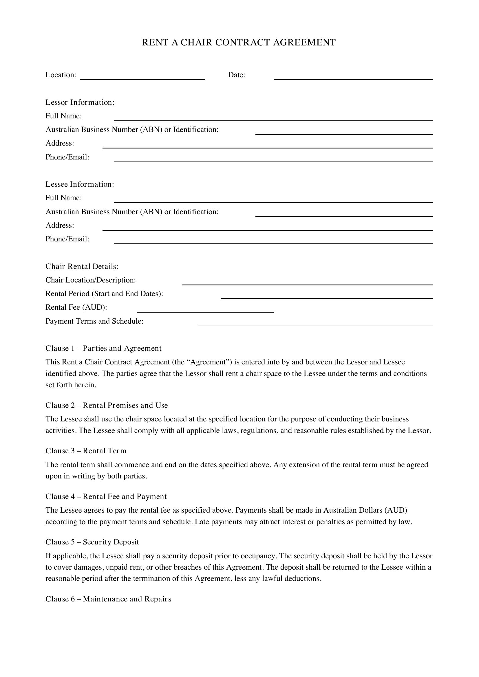 Rent A Chair Contract Template - Australia