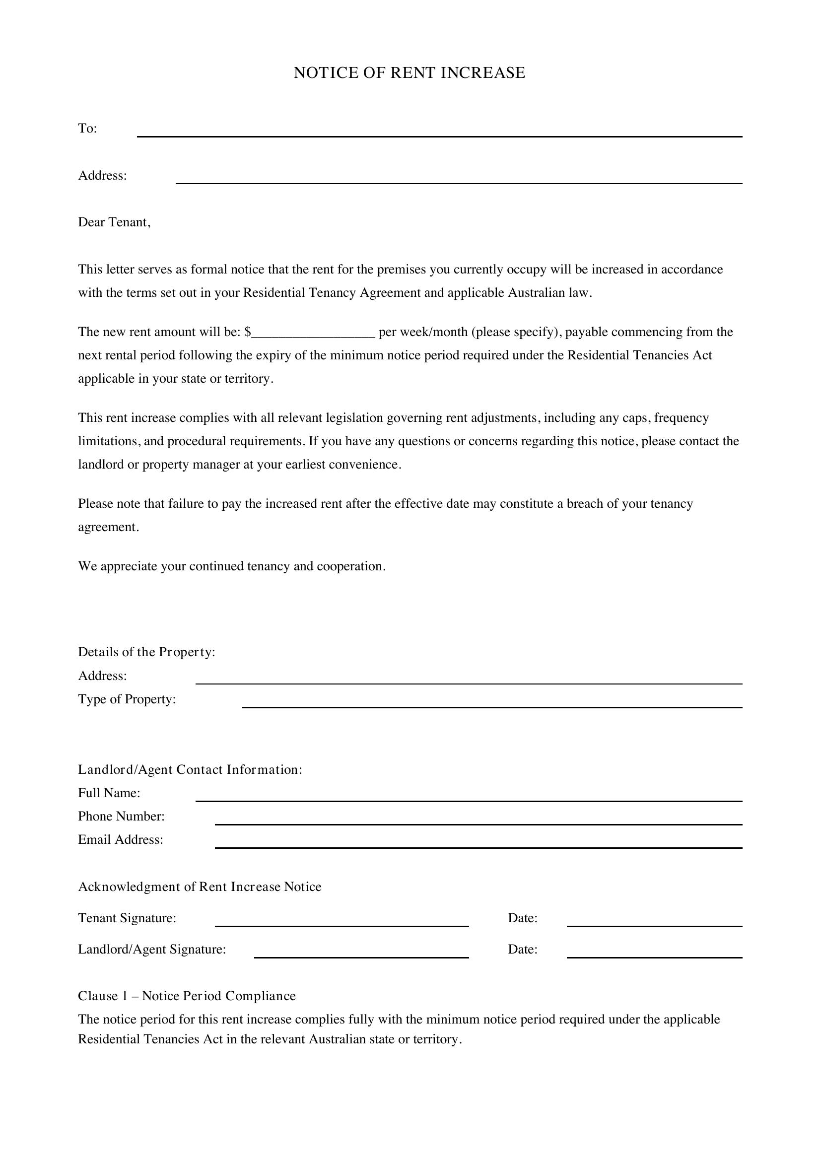 Rent Increase Letter Template - Australia