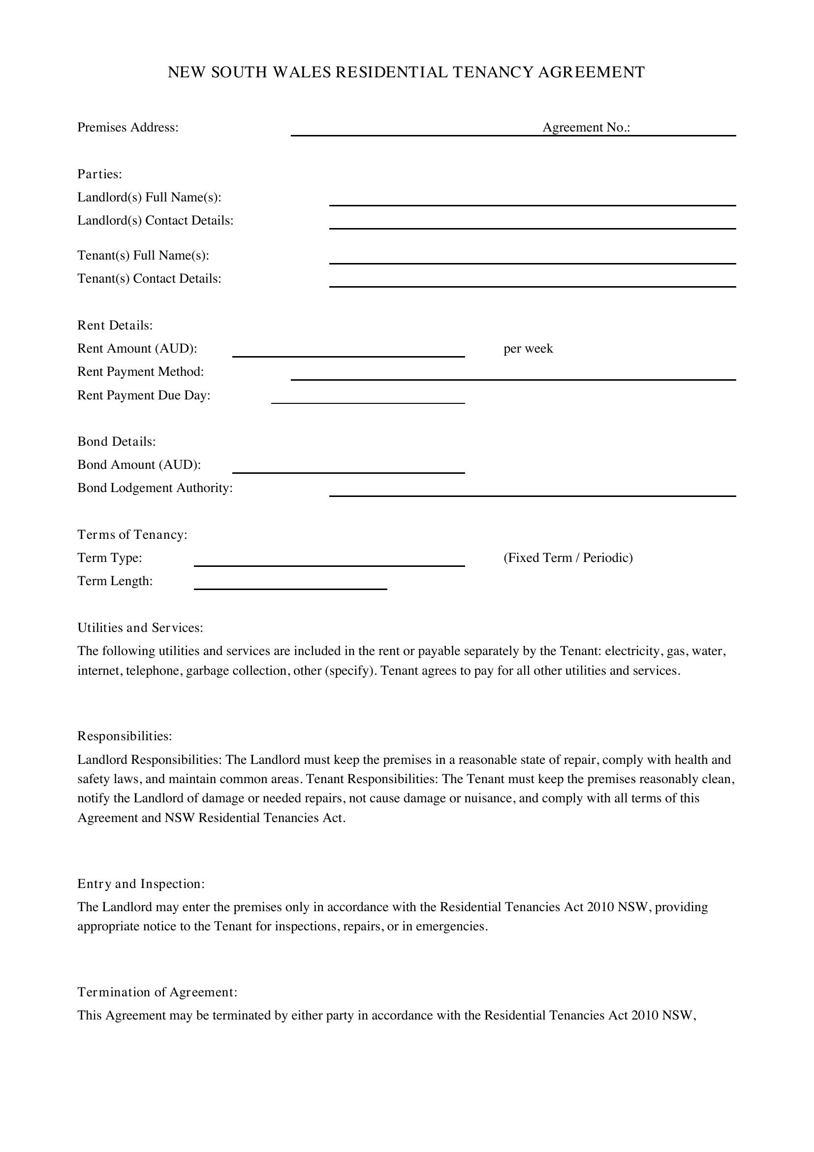Rental Agreement Nsw Template - Australia