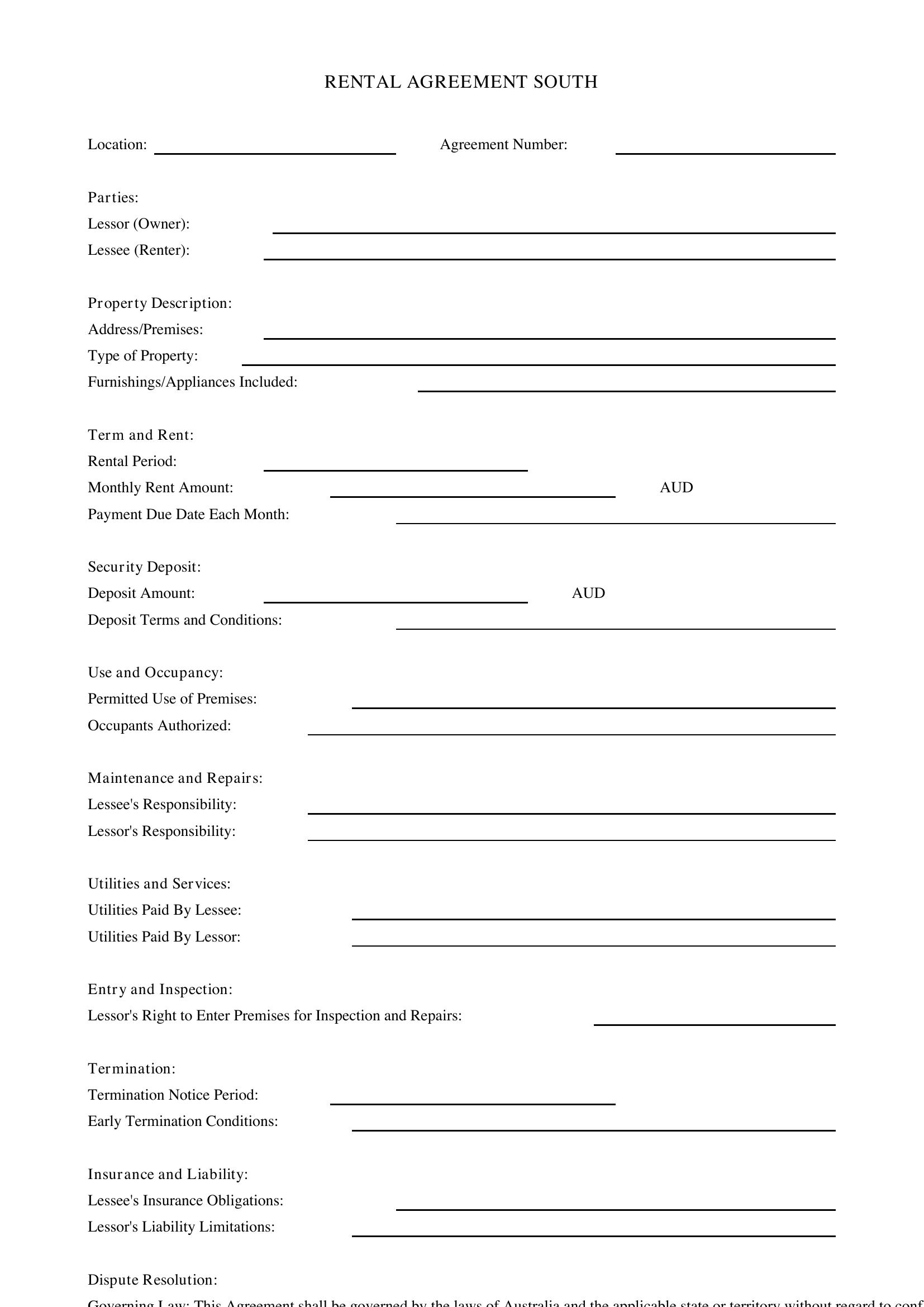 Rental Agreement South Template - Australia