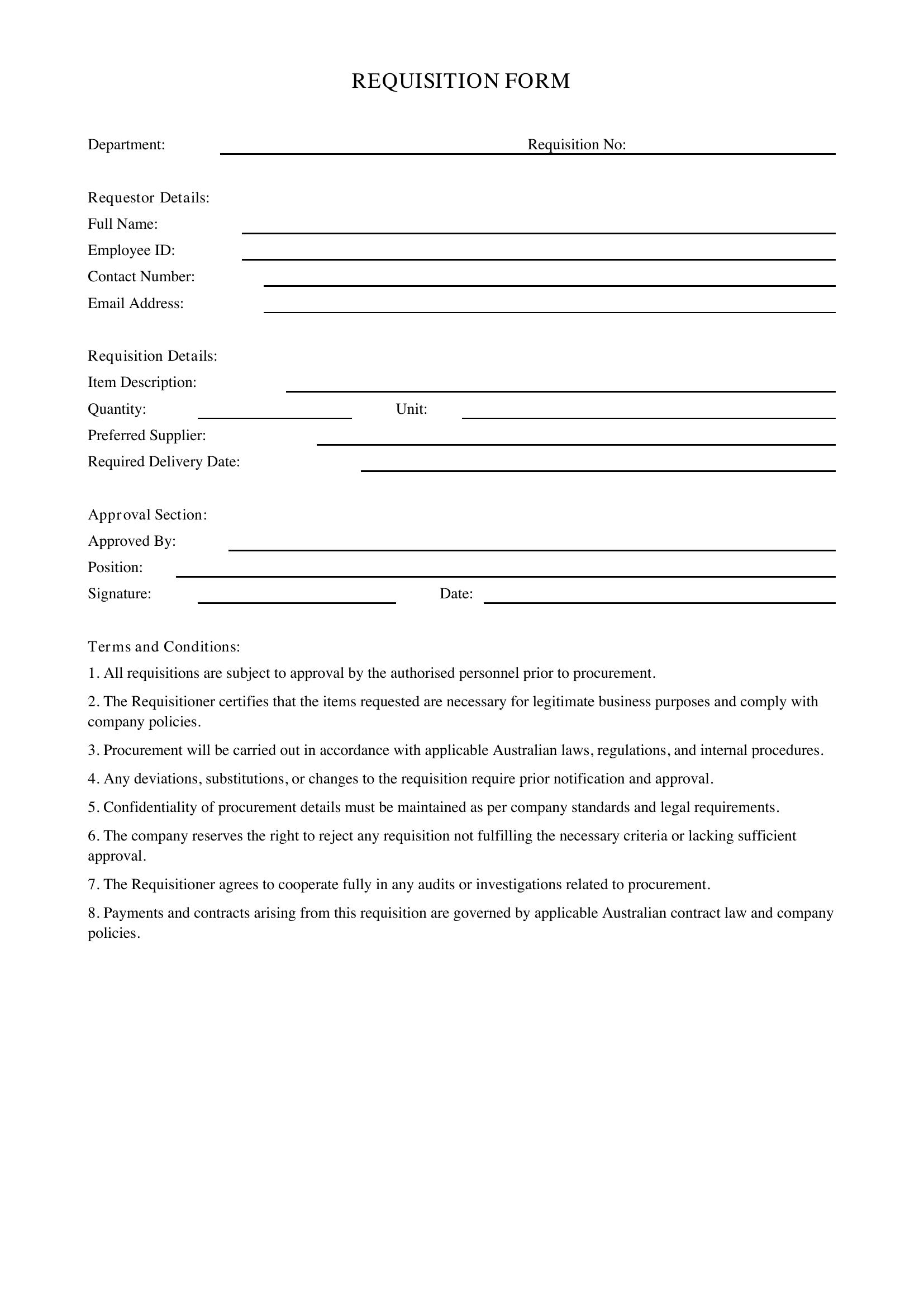 Requisition Form Template - Australia