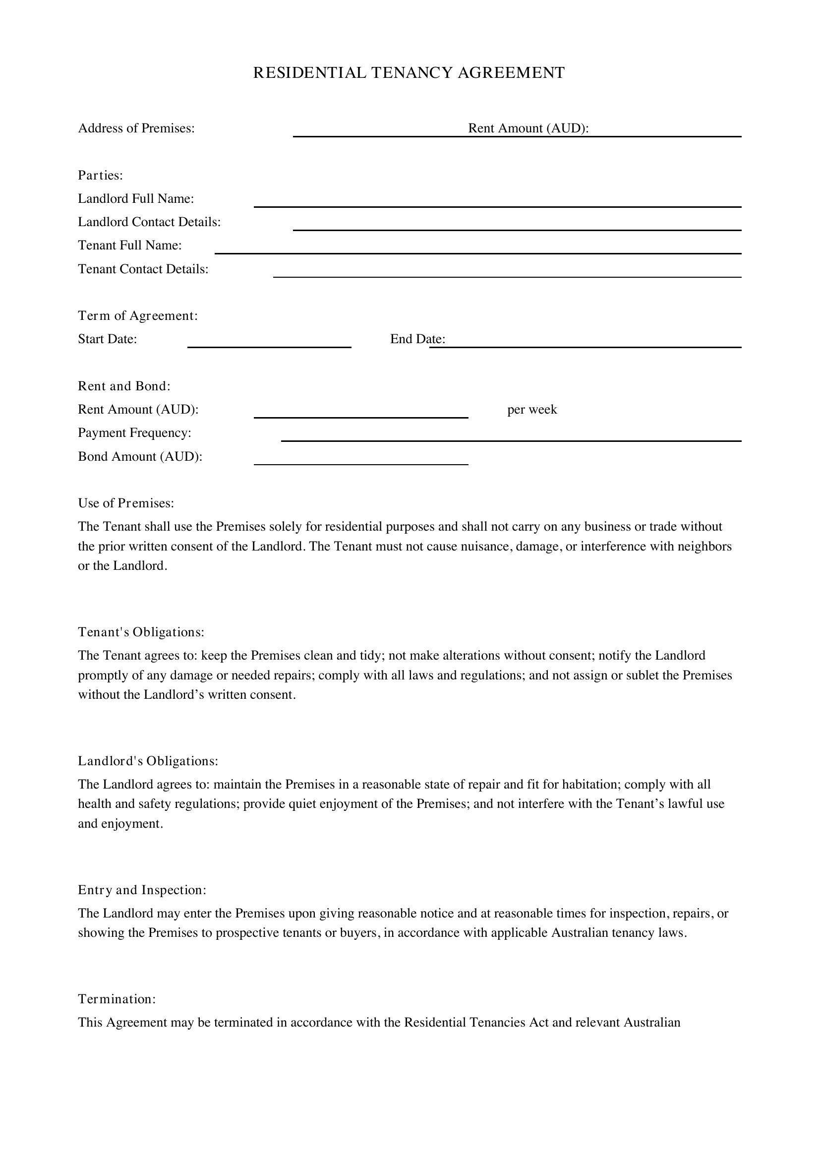 Residential Tenancy Agreement Template - Australia