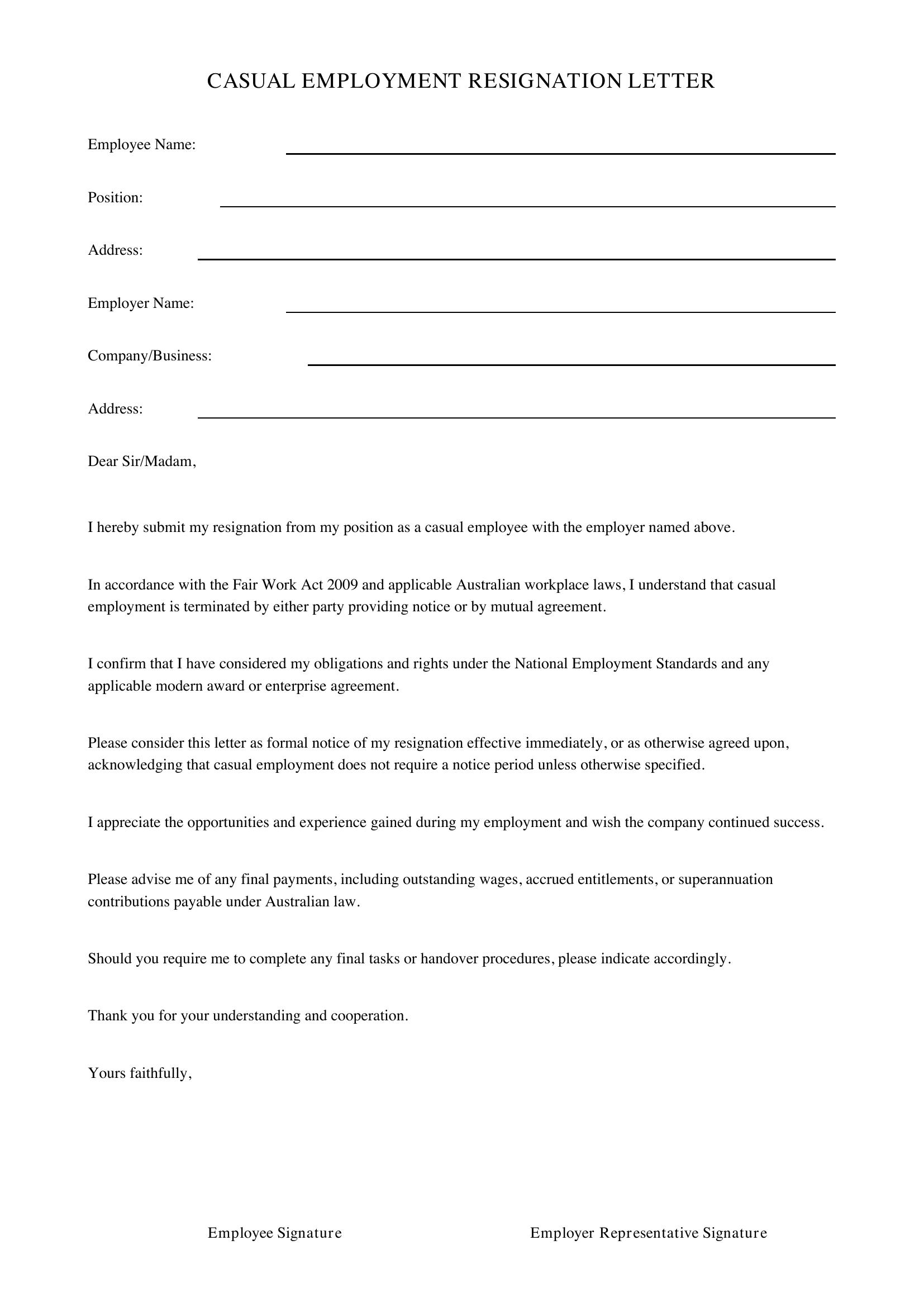 Resignation Letter Casual Template - Australia