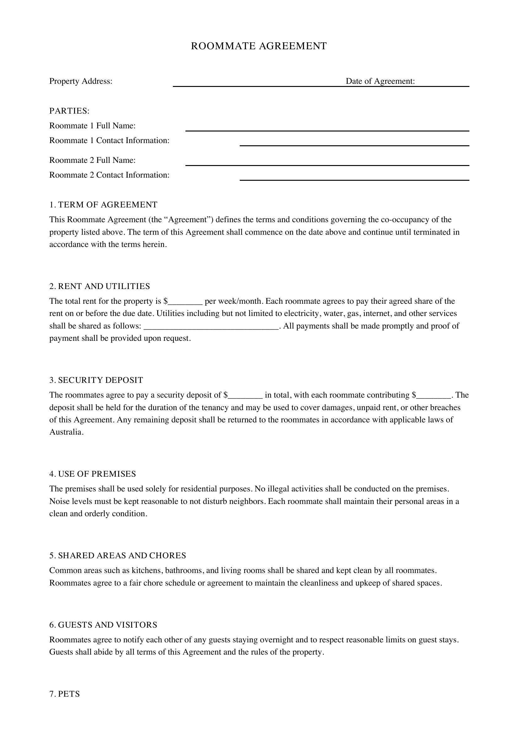 Roommate Agreement Template - Australia