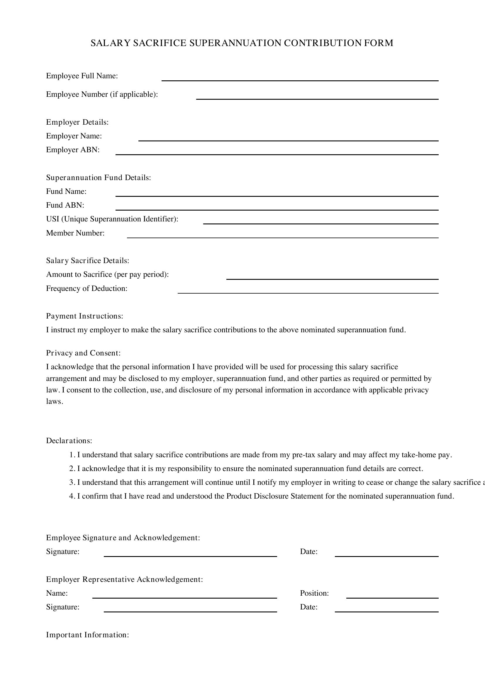 Salary Sacrifice Super Form Template - Australia